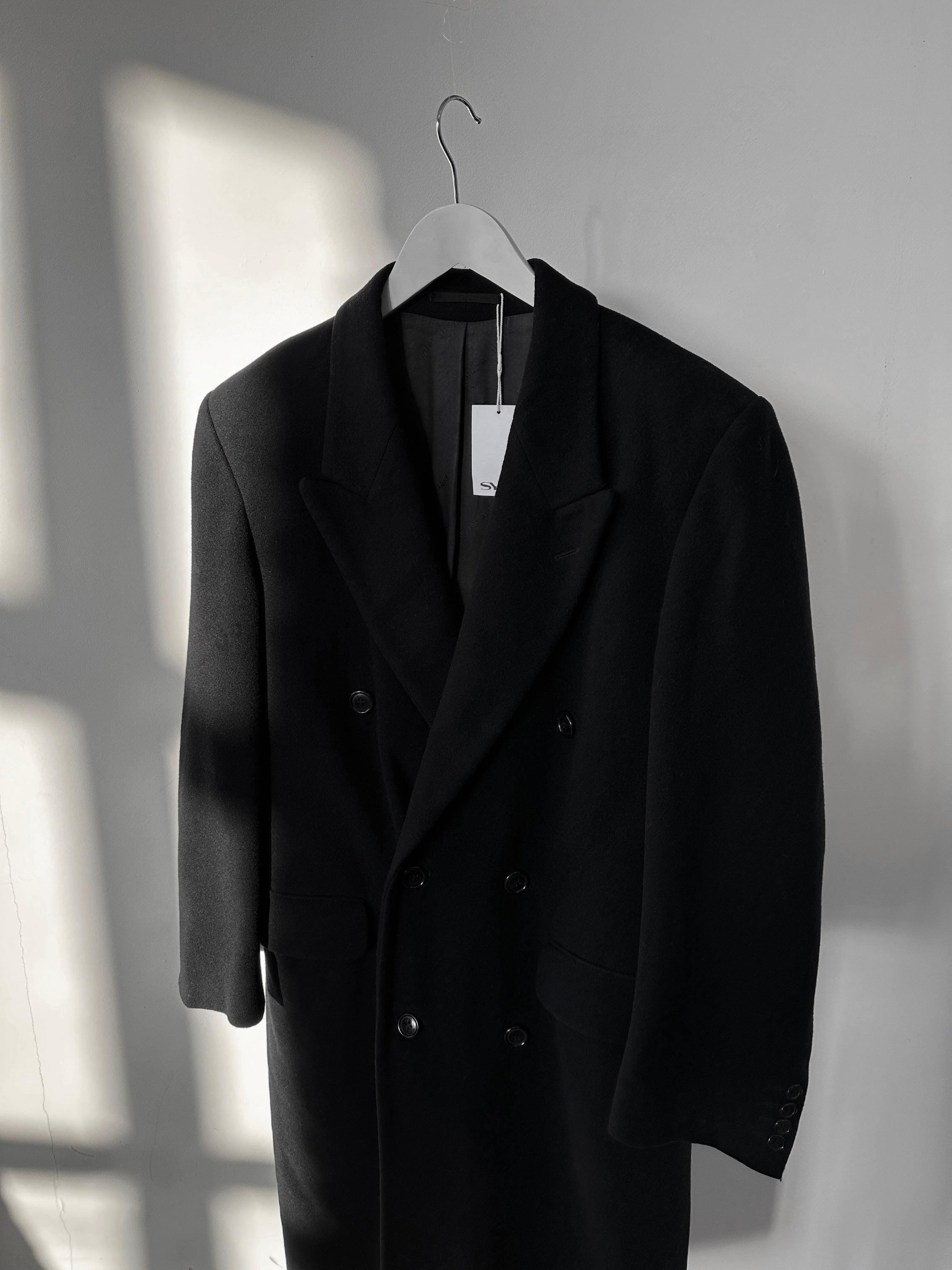 Pierre Cardin double-breasted wool cashmere coat in size M, shown in full view with classic lapels and tailored fit.