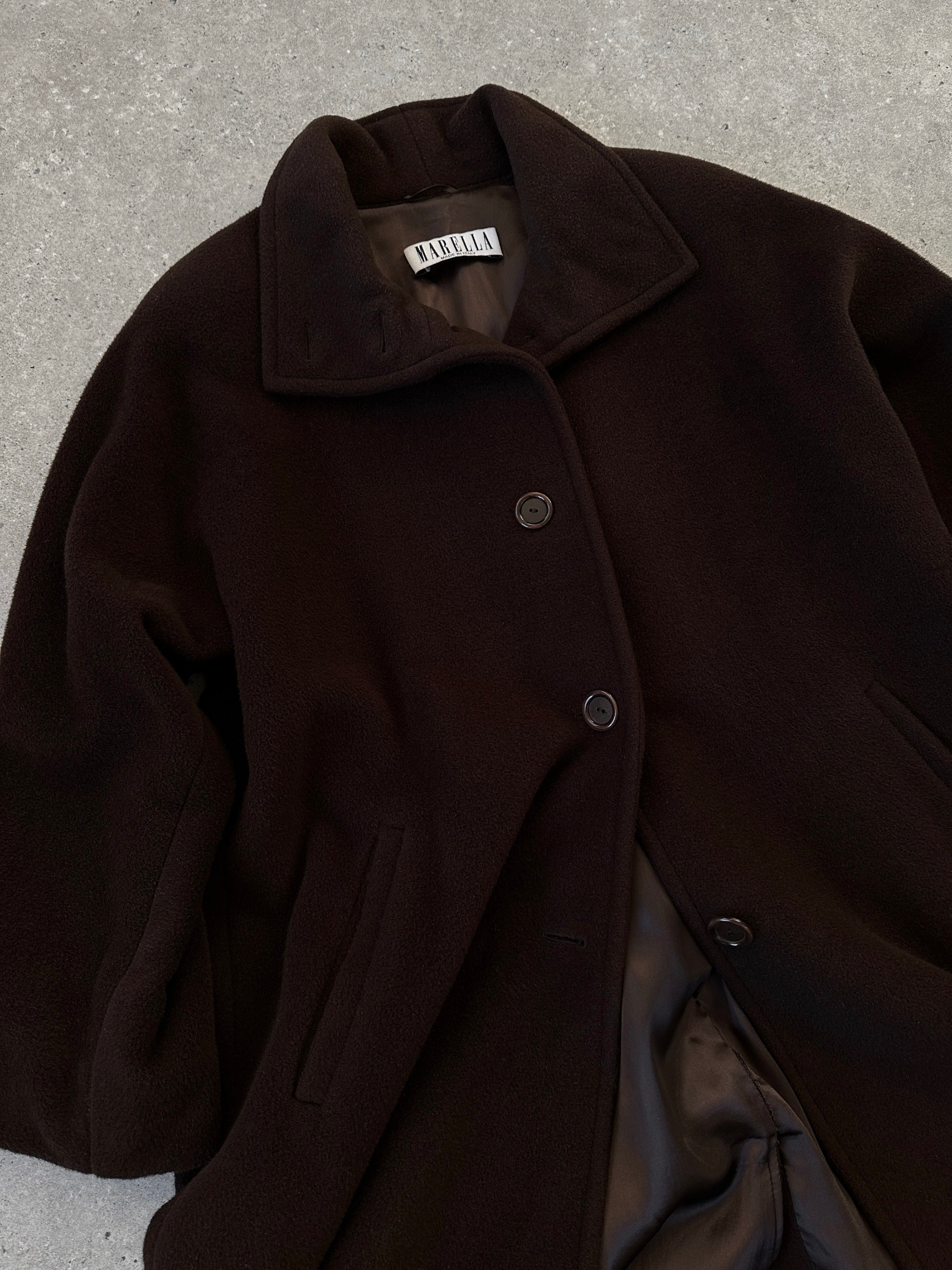 Marella wool cashmere funnel neck coat in black, full view showing classic design and tailored fit for M/L size.