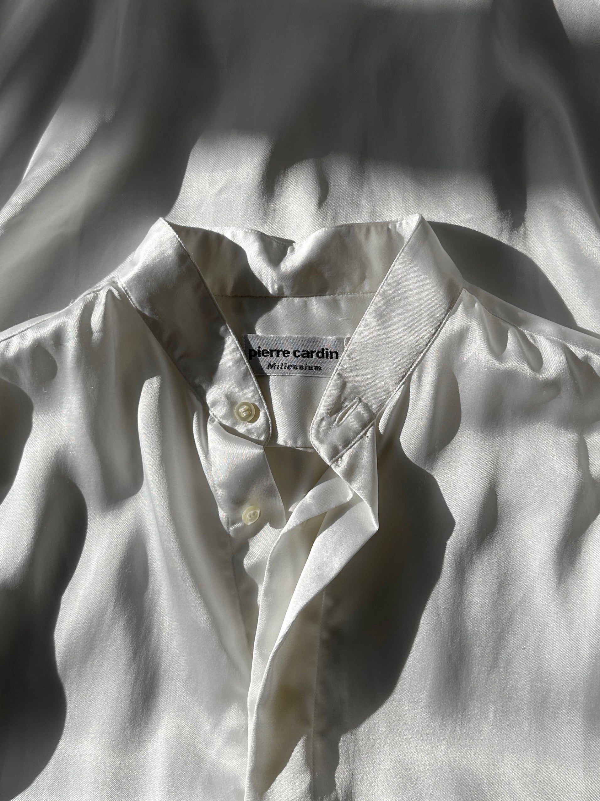 Pierre Cardin cotton satin collarless dress shirt in size L, featuring a sleek, modern design and smooth fabric.