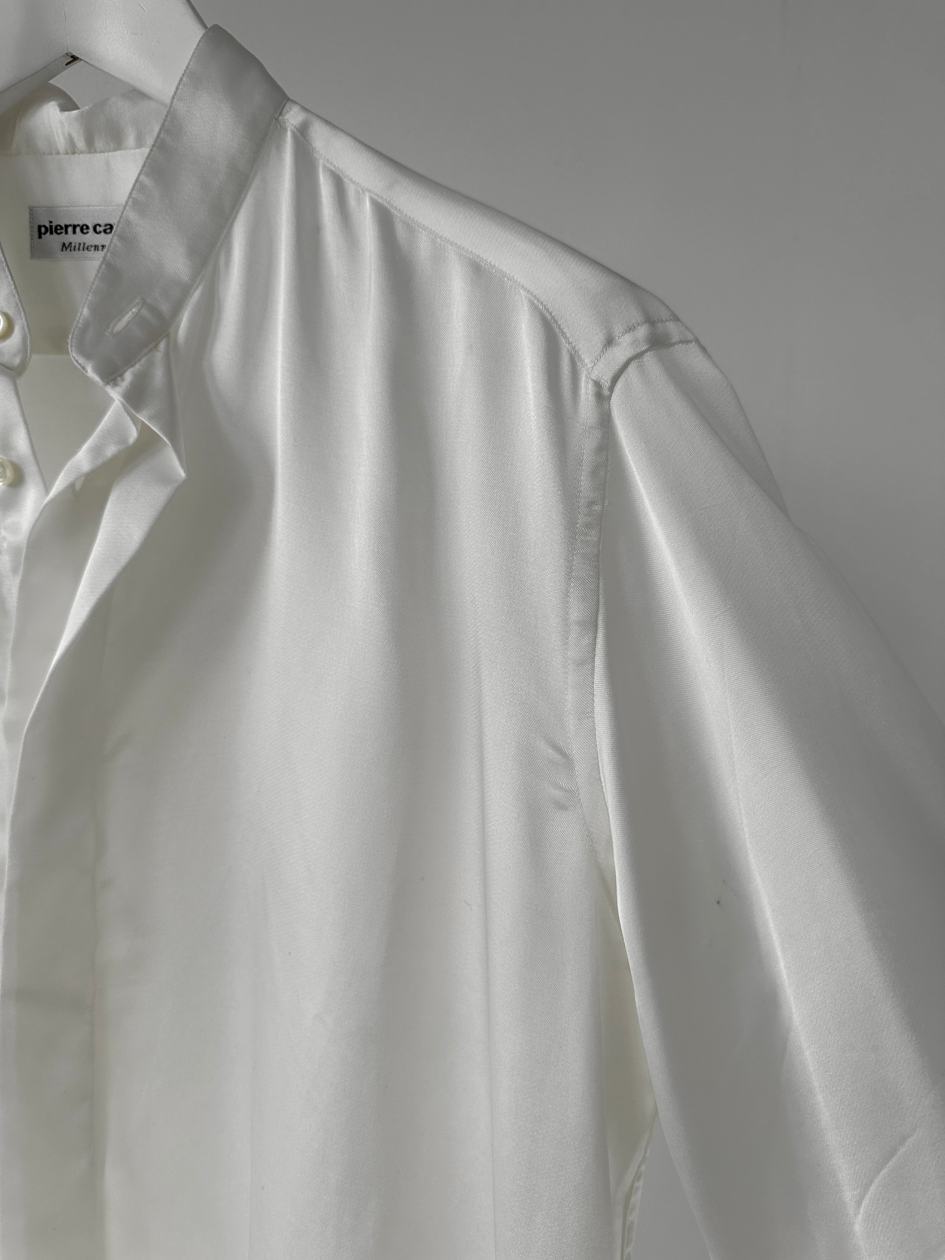 Pierre Cardin cotton satin collarless dress shirt in size L, featuring a sleek design and smooth fabric detail.