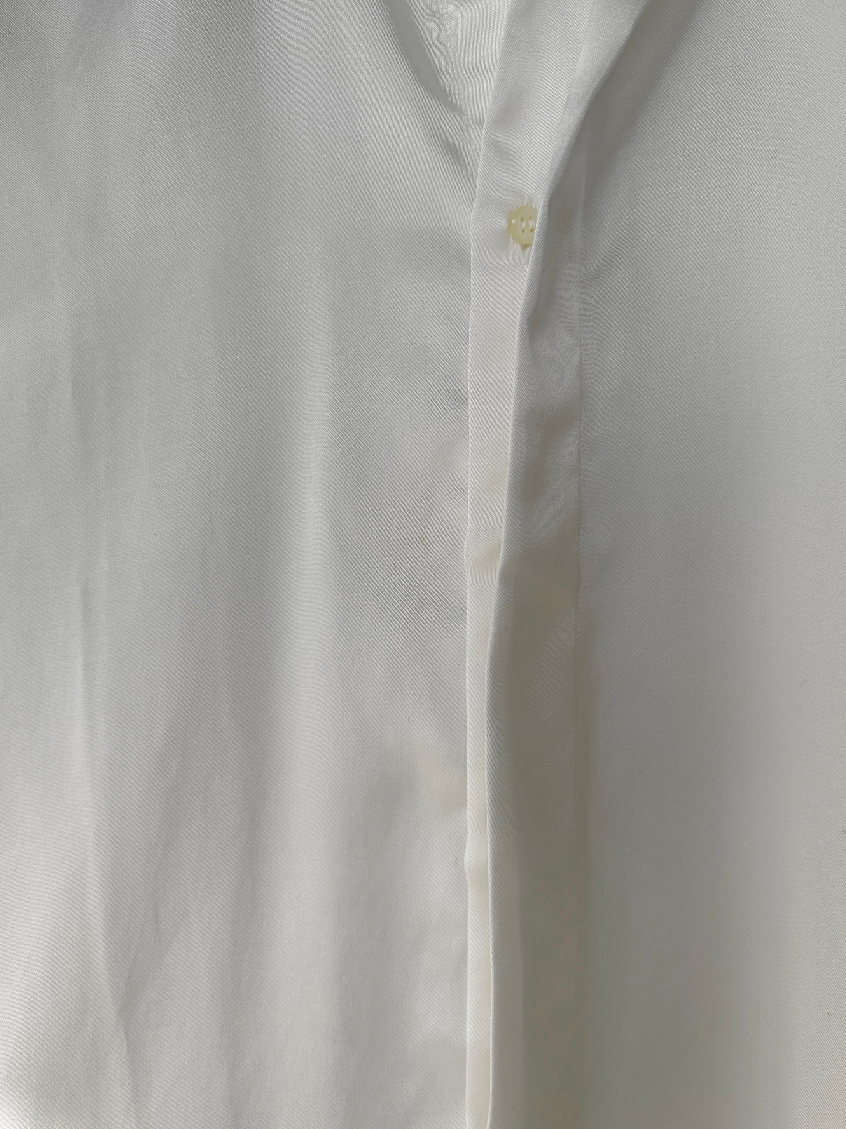 Pierre Cardin cotton satin collarless dress shirt in size L, featuring a sleek, smooth fabric and modern design.