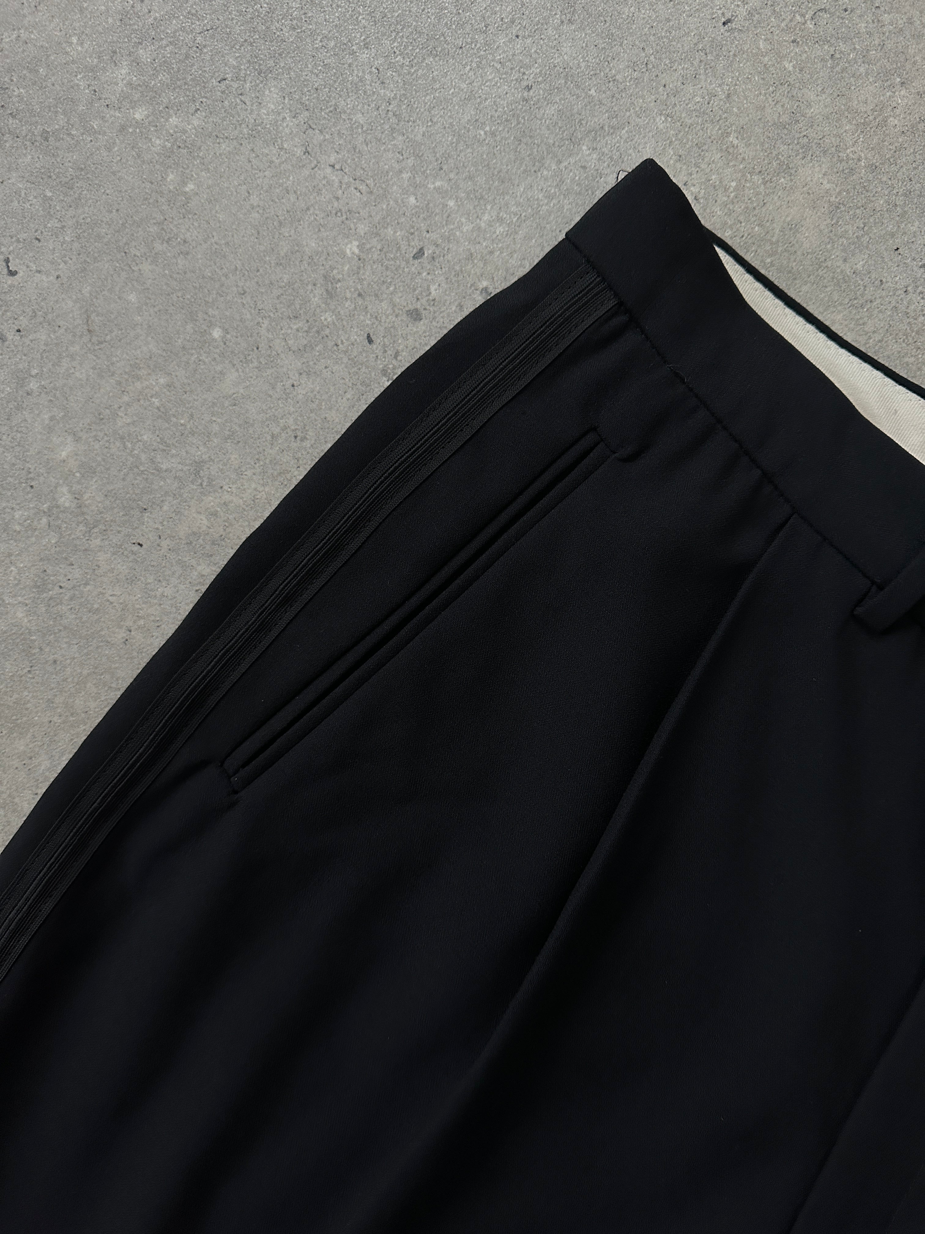 Vintage pure wool straight leg tailored tuxedo trousers, W32, featuring a classic fit and refined craftsmanship.