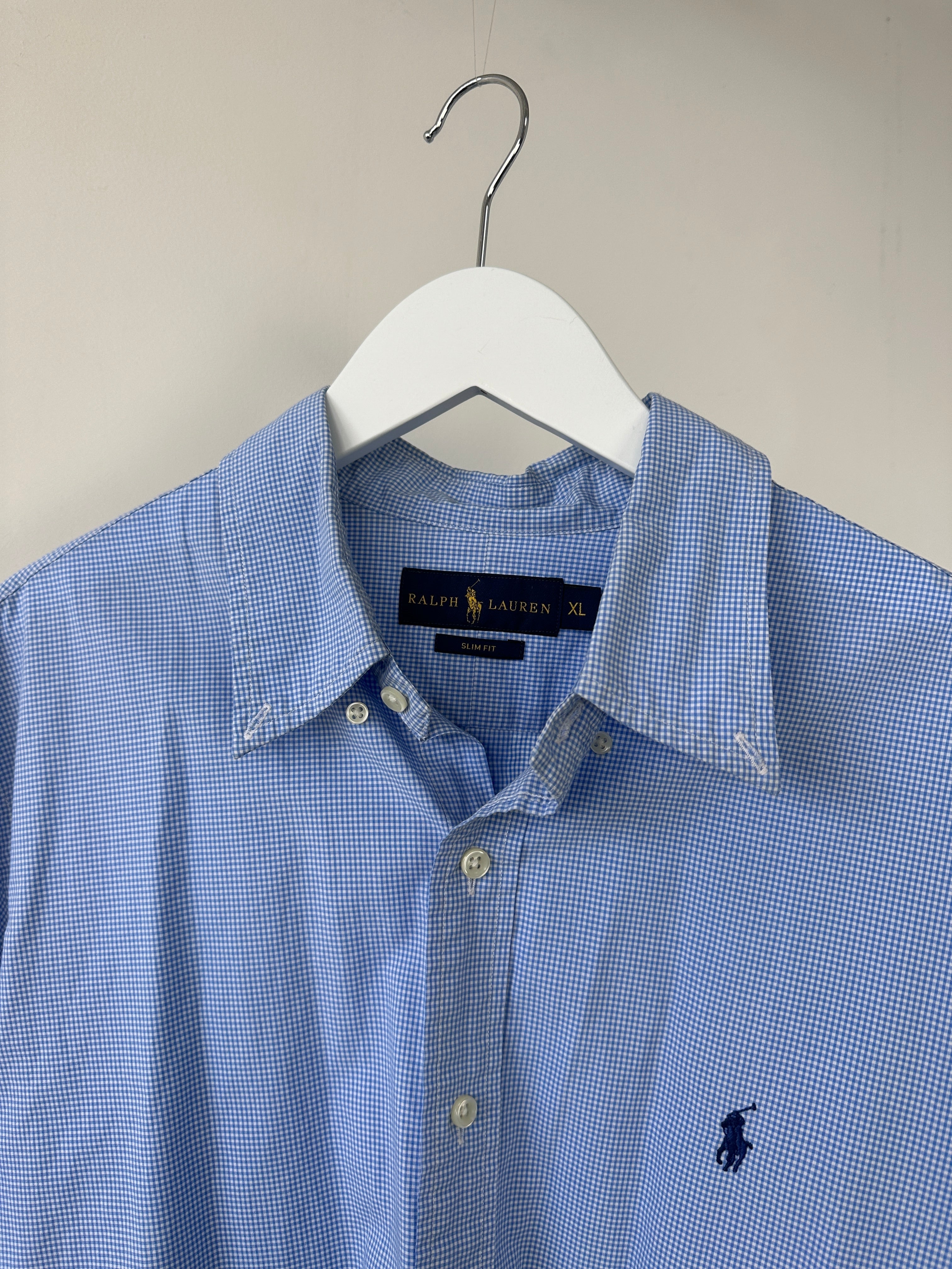 Ralph Lauren Gingham cotton slim fit shirt in size L/XL, featuring classic checkered pattern and button-down collar.