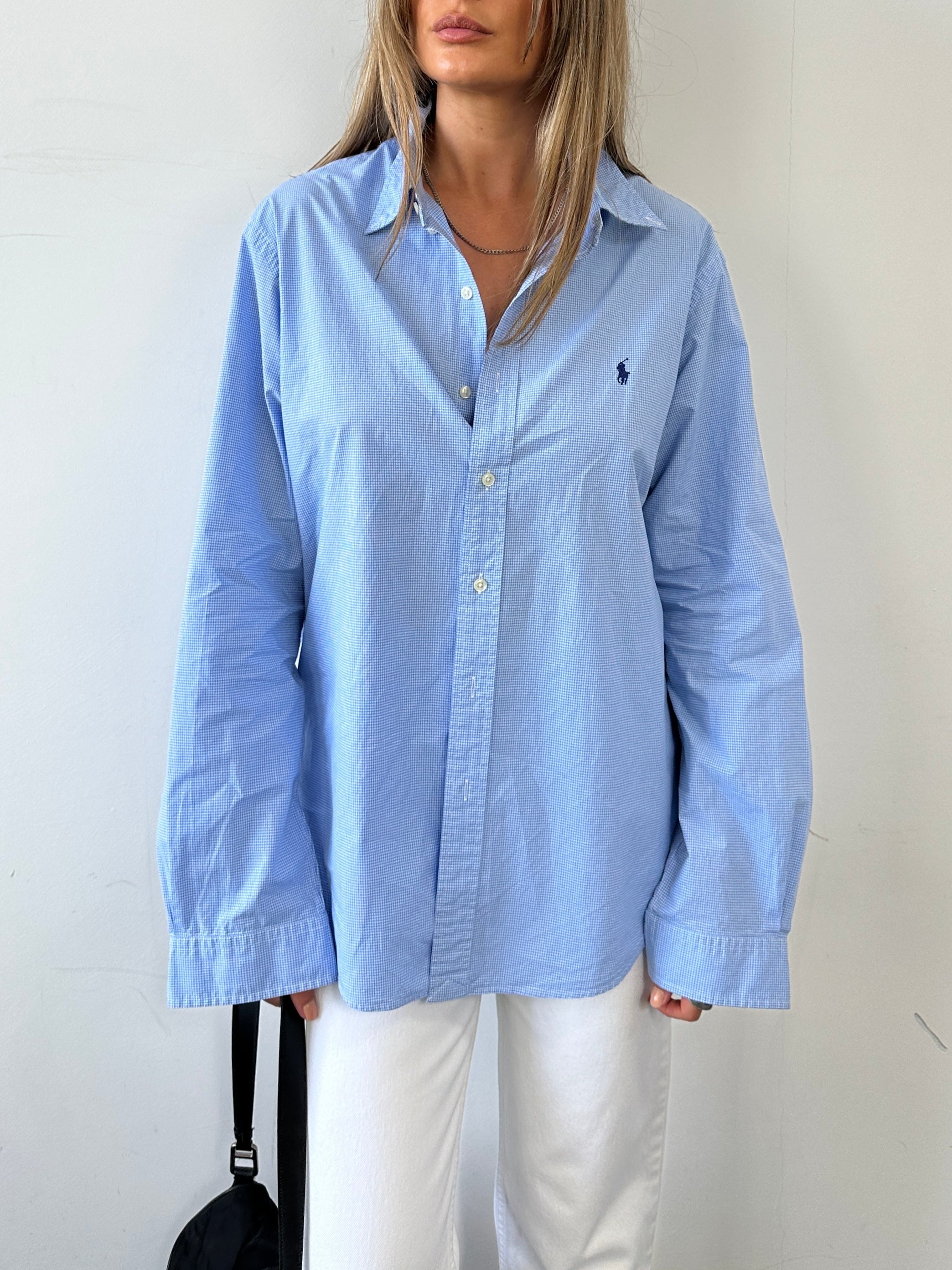 Ralph Lauren Gingham cotton slim fit shirt in size L/XL, featuring classic checkered pattern and button-down collar.