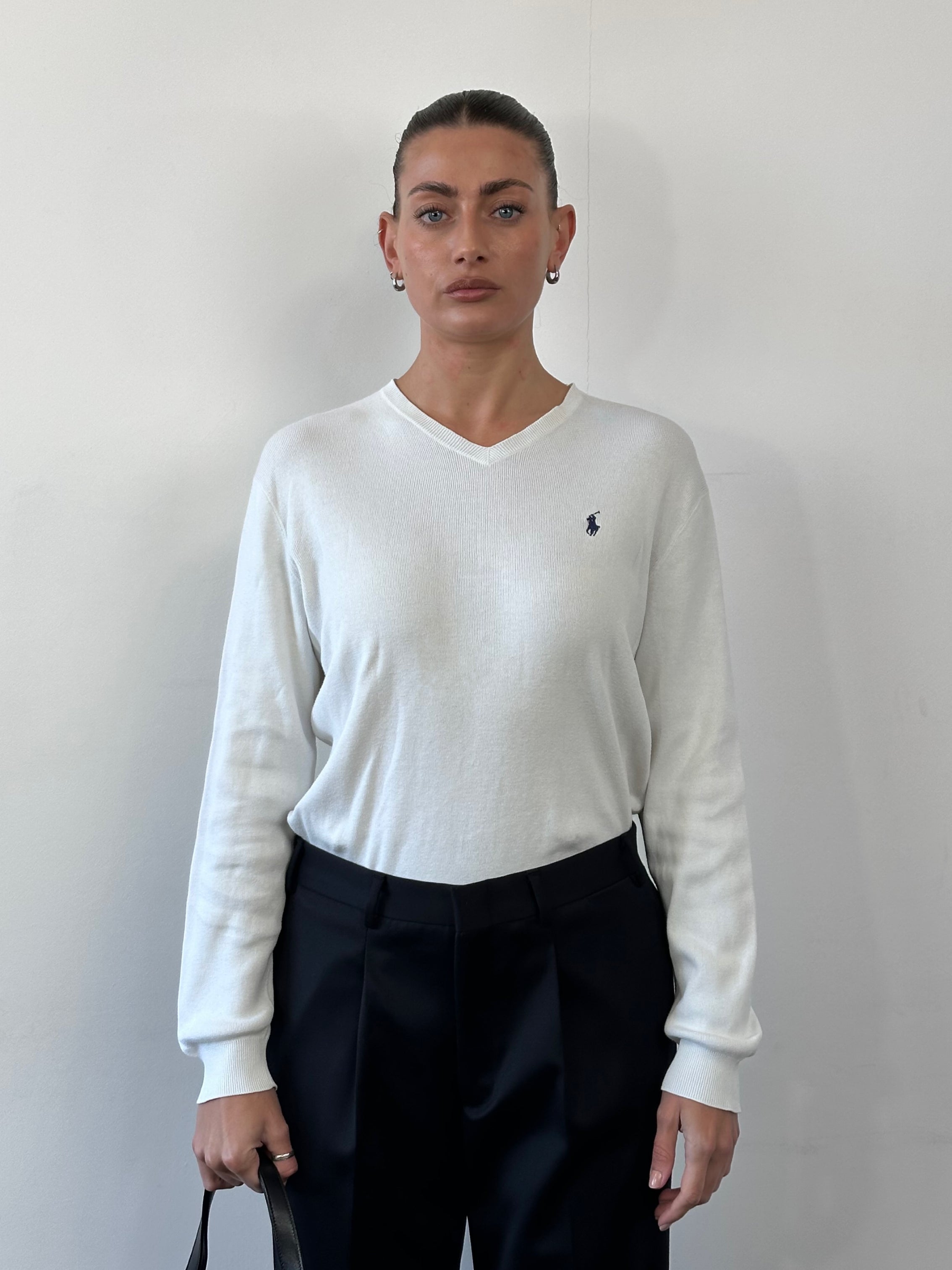 Ralph Lauren Pure Cotton Logo V Neck Jumper - M - SYLK