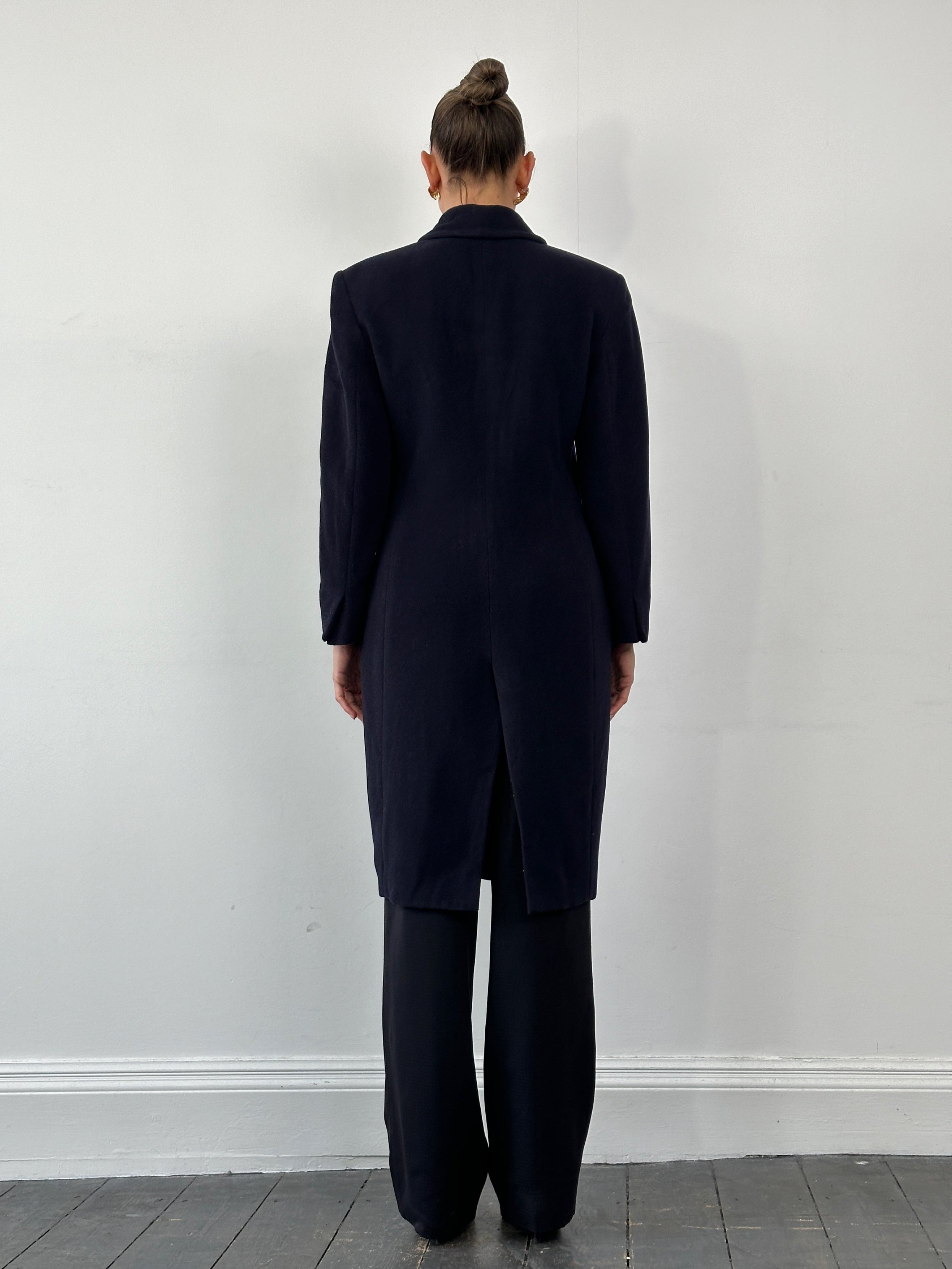 Versace Versus 1990s bespoke double-breasted coat in navy, tailored fit with prominent buttons and classic style.