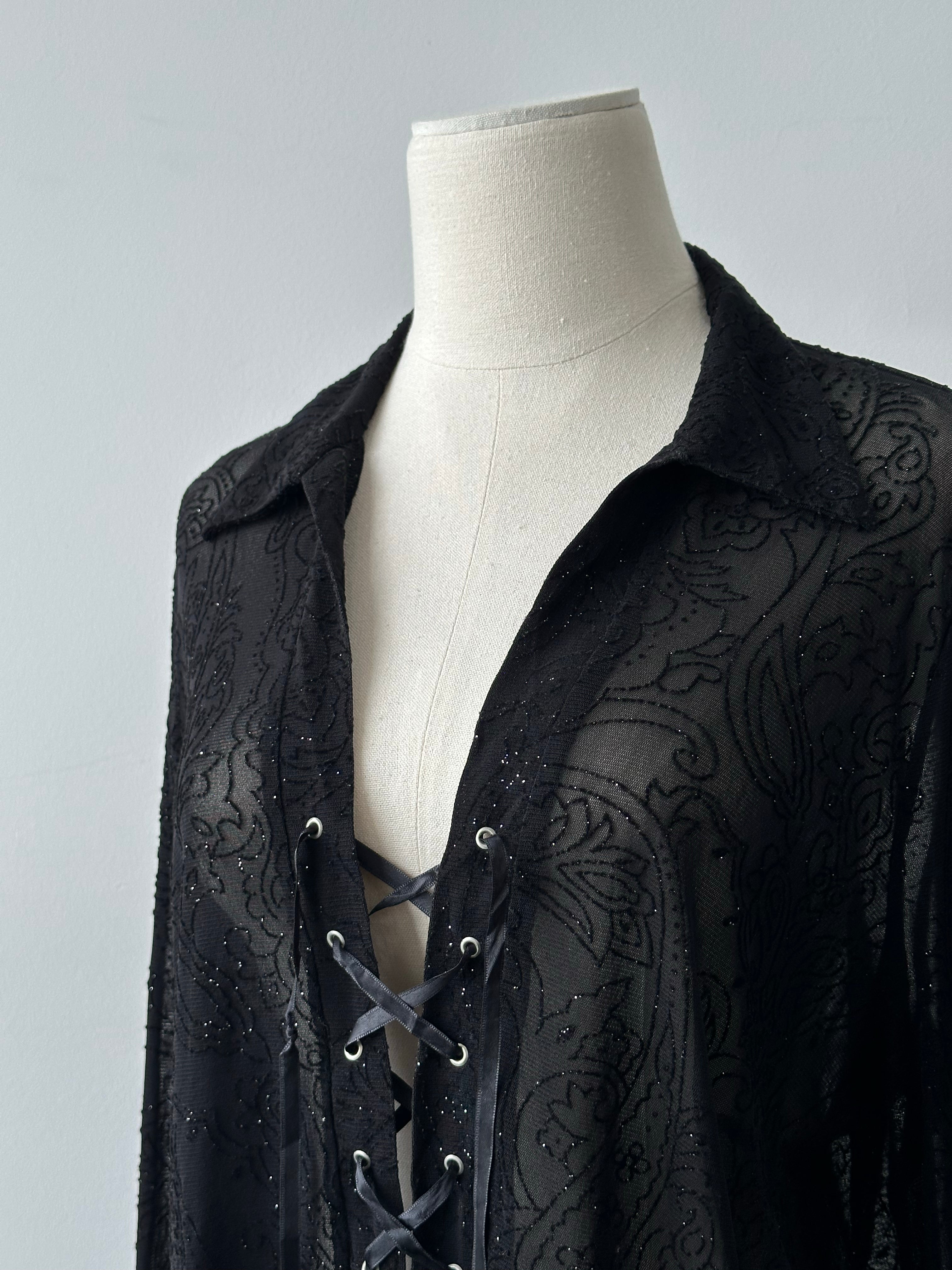 Vintage 1990s Sheer Lace Up Glittery Shirt - M-L