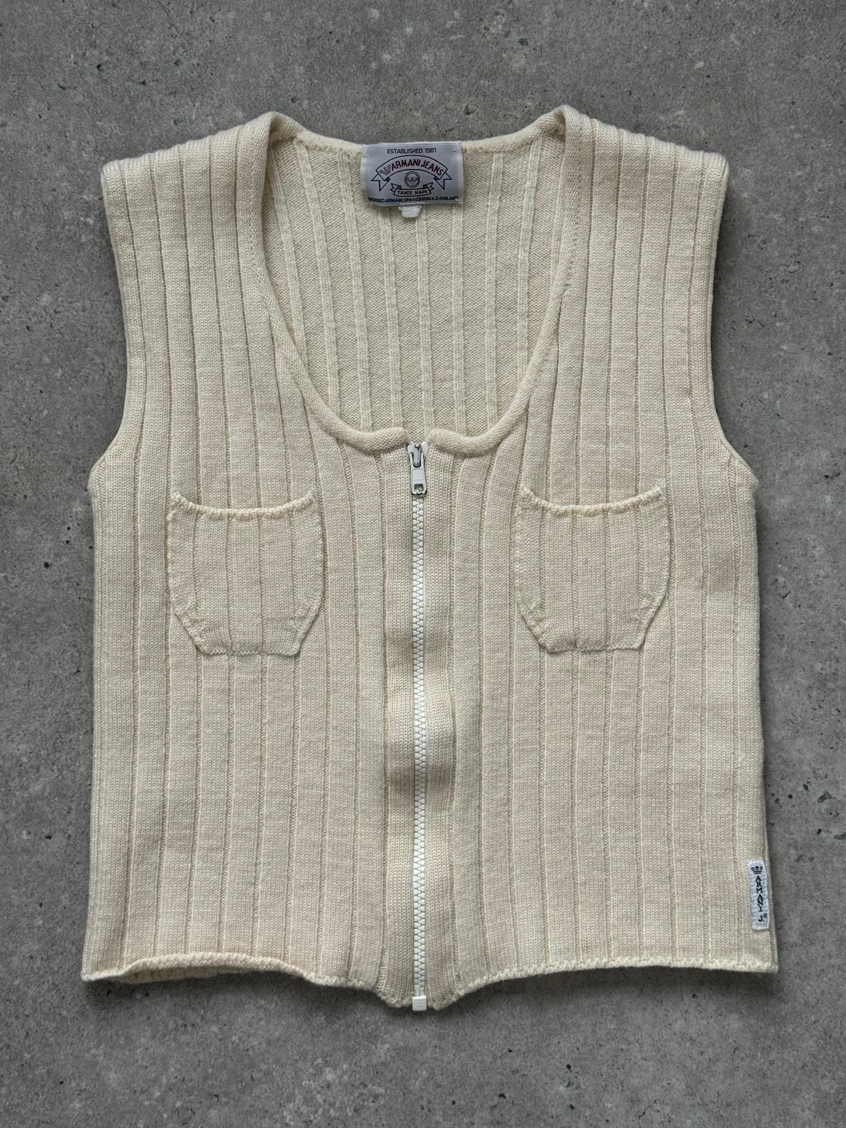 Armani Jeans 1990s pure wool knit top in XS, featuring a textured design and classic fit, displayed on a hanger.