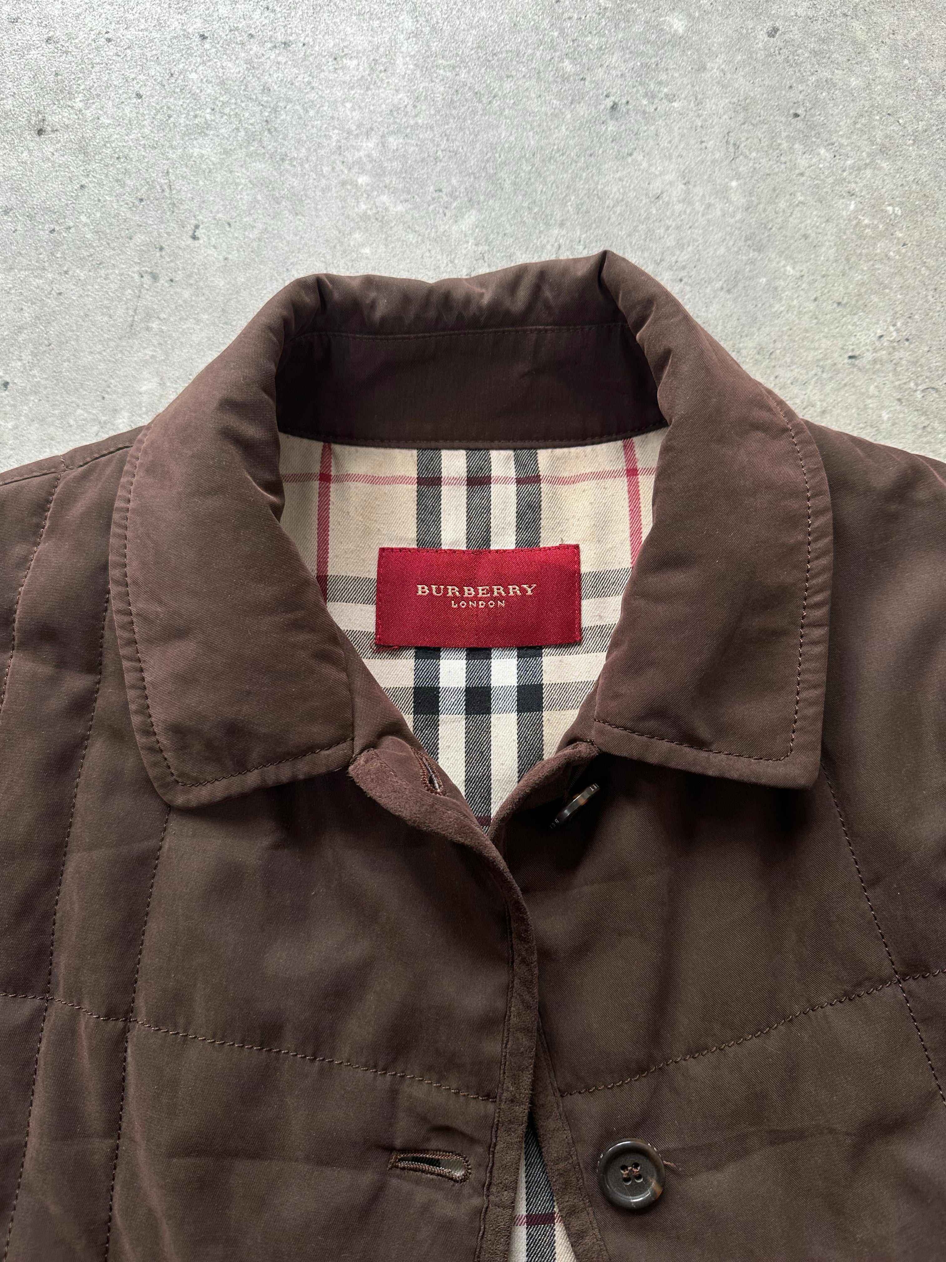 Burberry London 2000s cotton check jacket in size M, featuring classic plaid pattern and tailored fit.