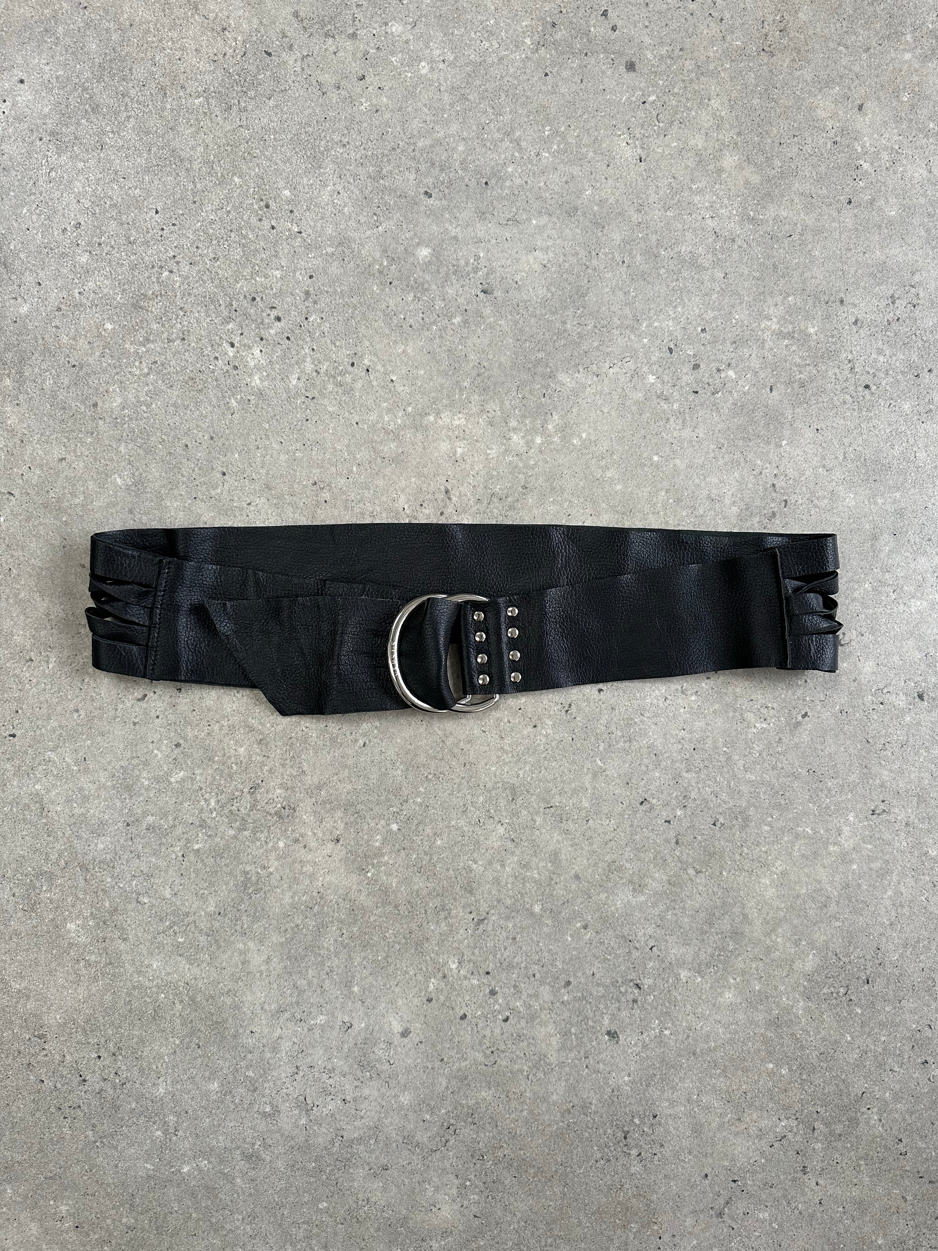 Versace Versus 1990s leather chunky belt with bold metal buckle, black leather strap, and Versace branding details.