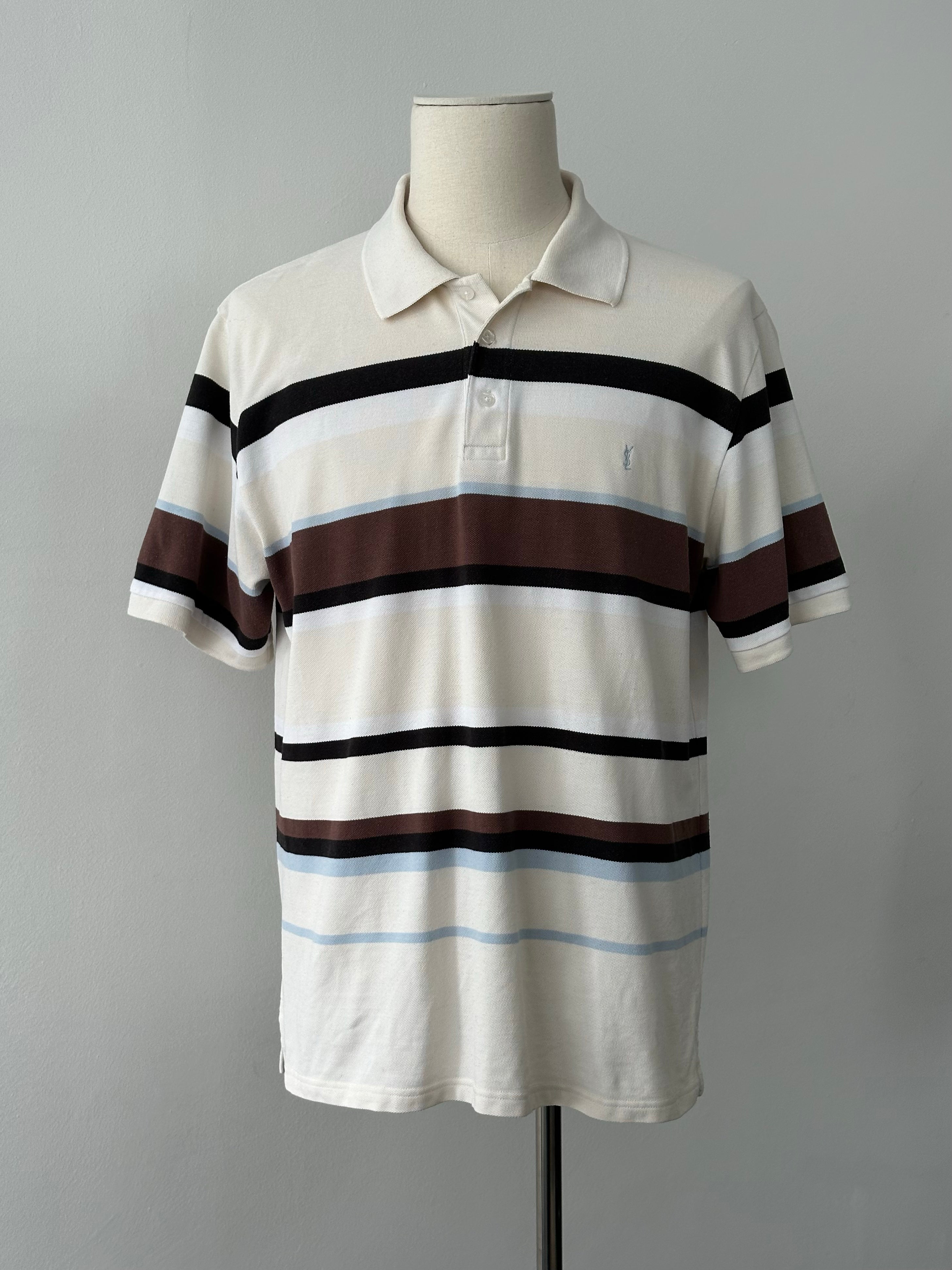 Yves Saint Laurent 1990s Cotton Striped Short Sleeve Polo - XL