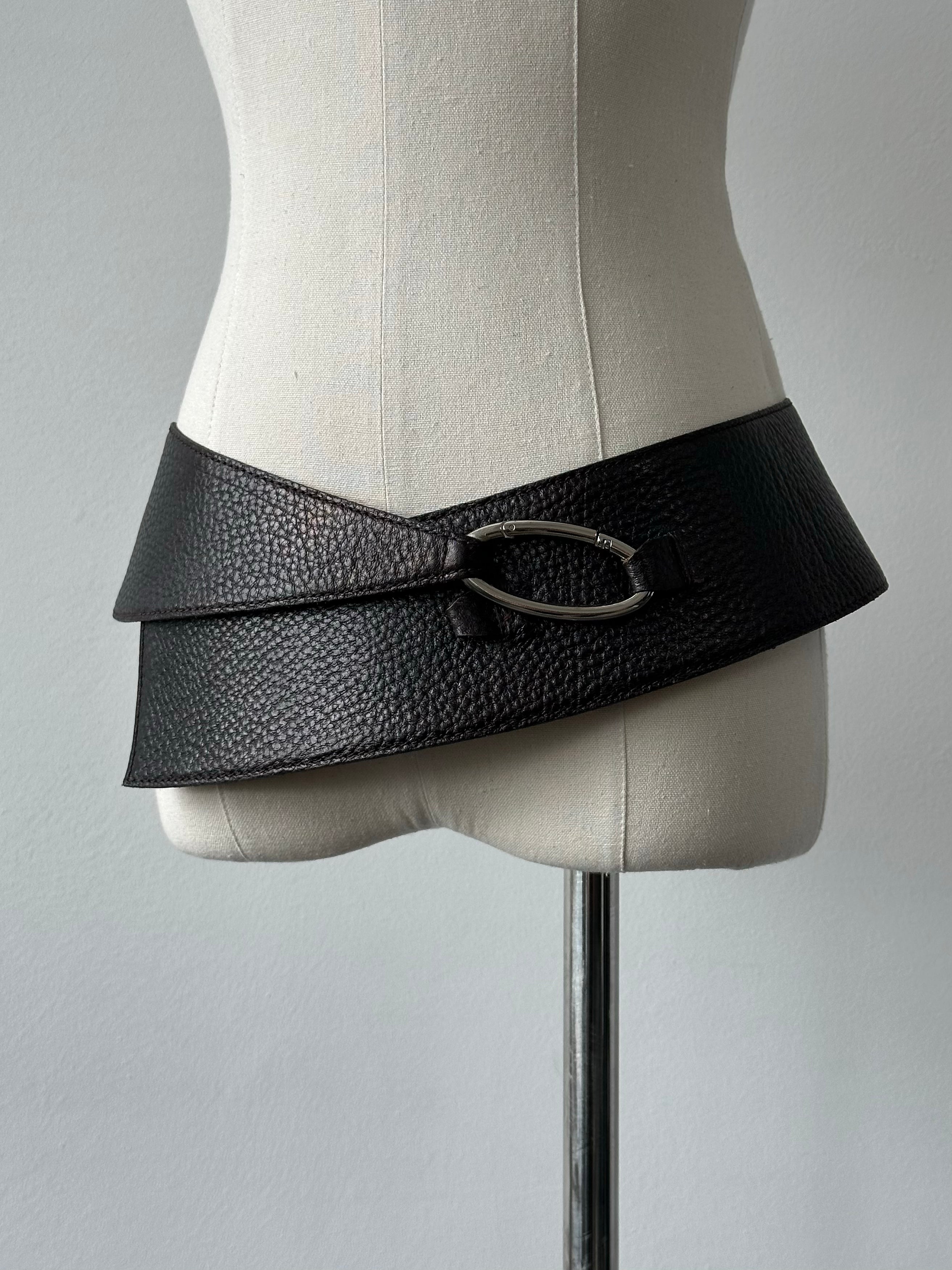 Rene Lezard 2000s leather chunky belt in black with wide strap and silver buckle, size W32-34, styled for a bold fashion statement.