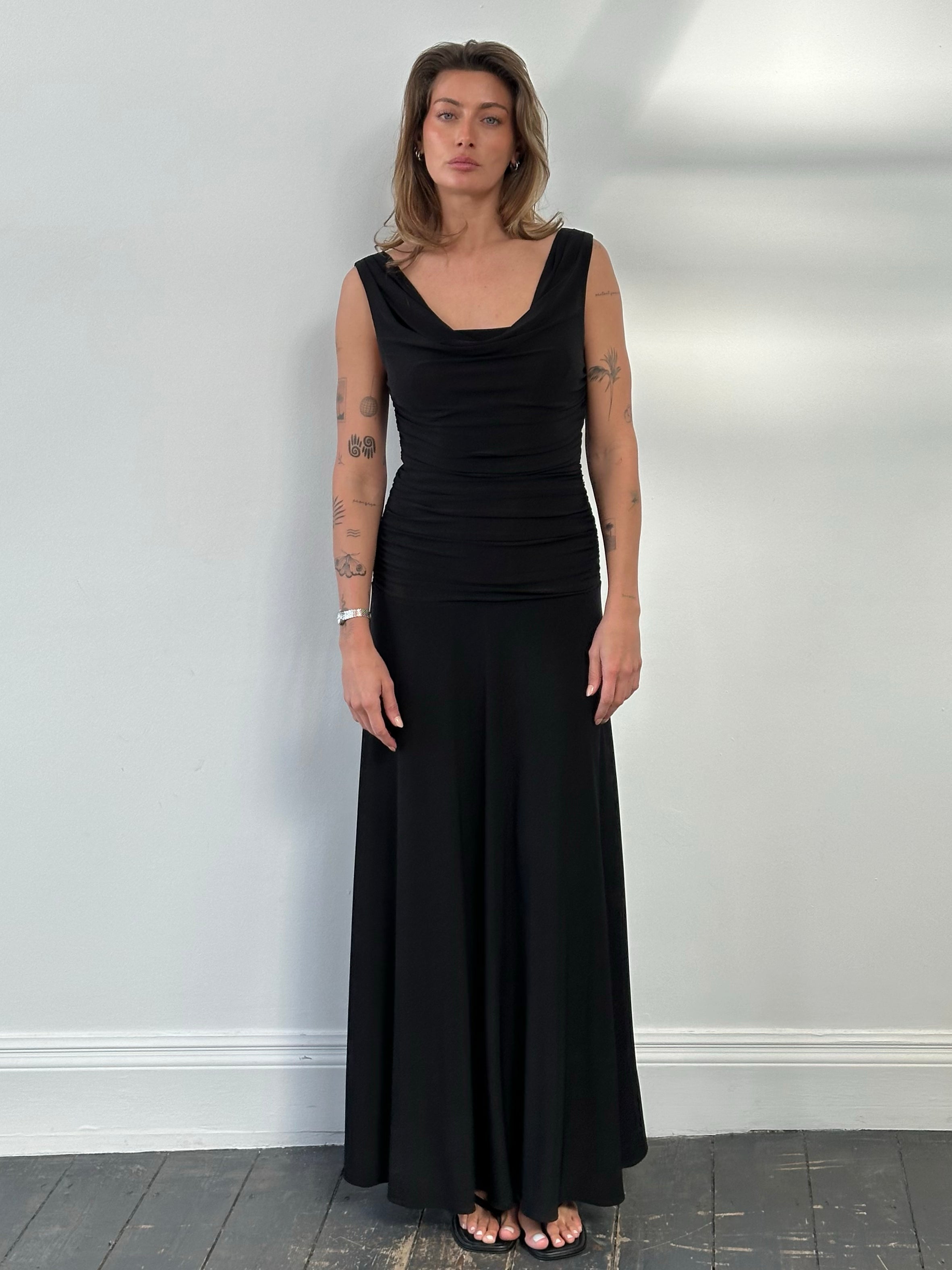 Vintage 1990s Cowl Neck Floor Length Fitted Dress - S-M