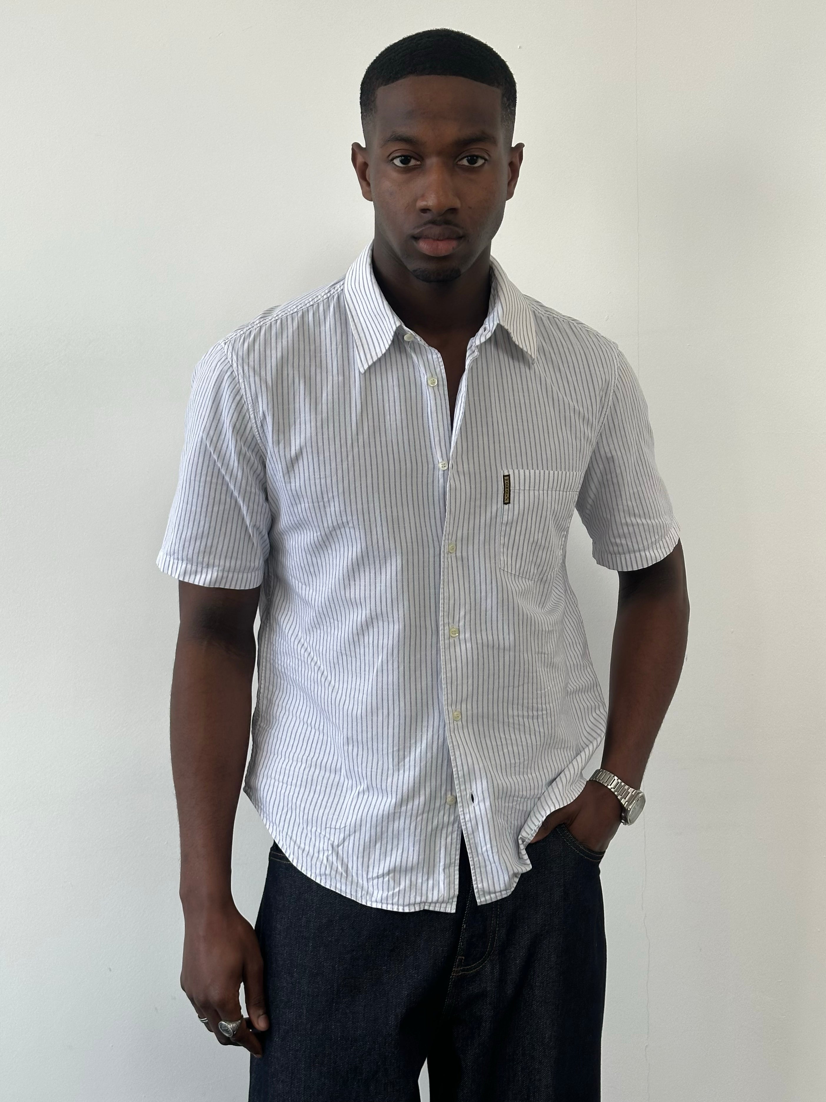 Armani Jeans 2000s Pure Cotton Striped Short Sleeve Shirt - M