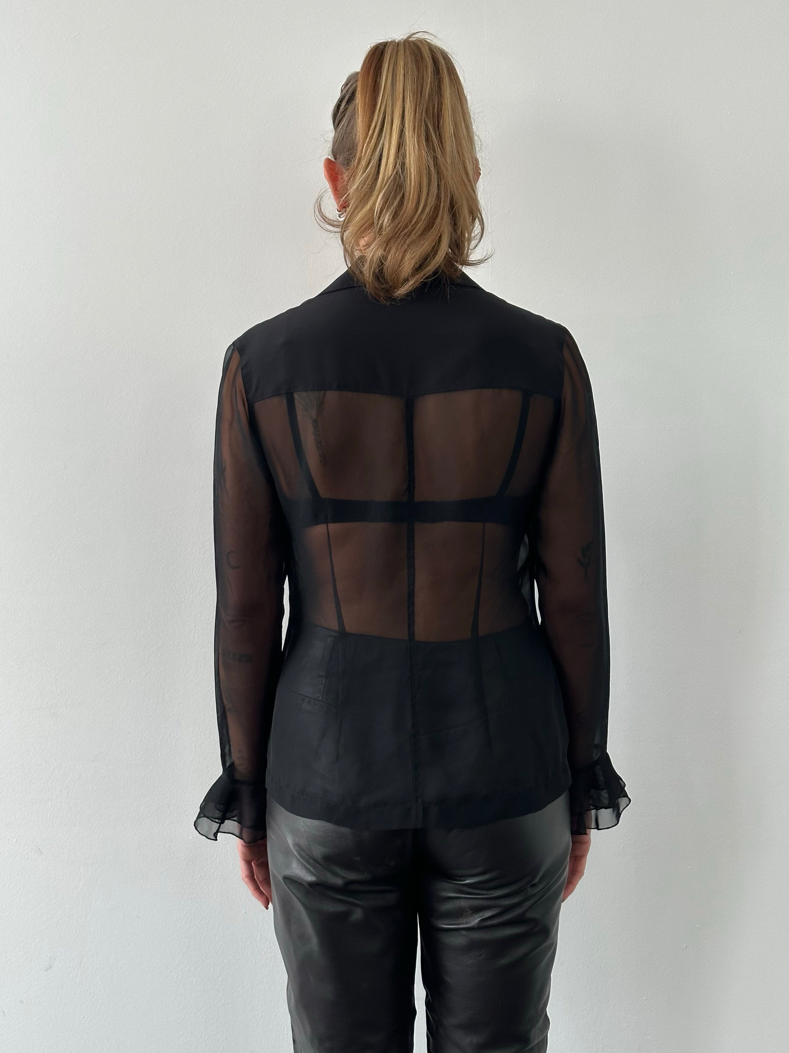 Vintage 1990s Ruffle Sleeve Sheer Shirt - M