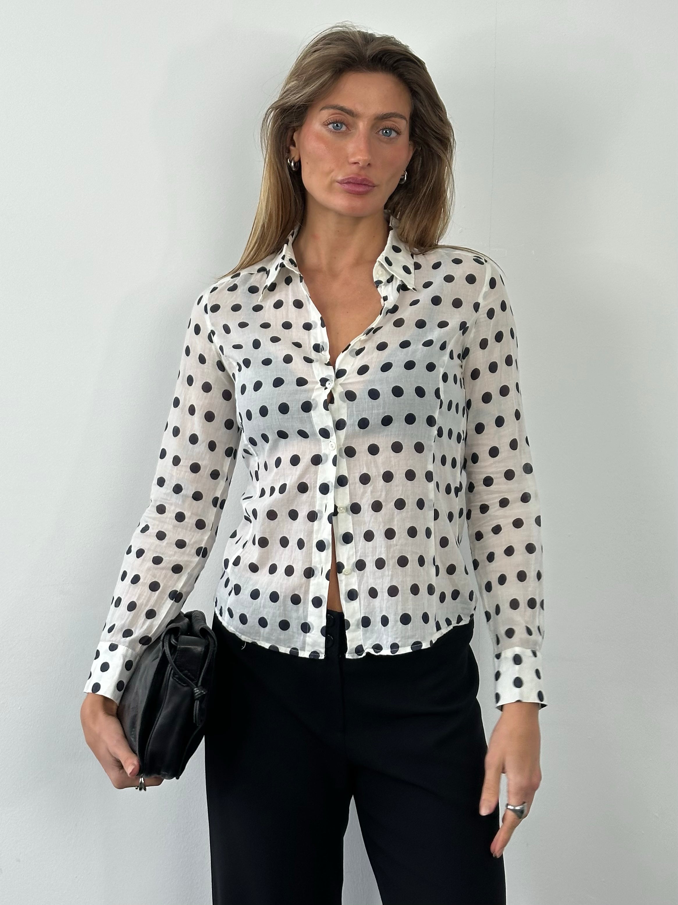 Marella 2000s pure cotton polka dot shirt in size S, featuring a classic button-up design with a collar and long sleeves.