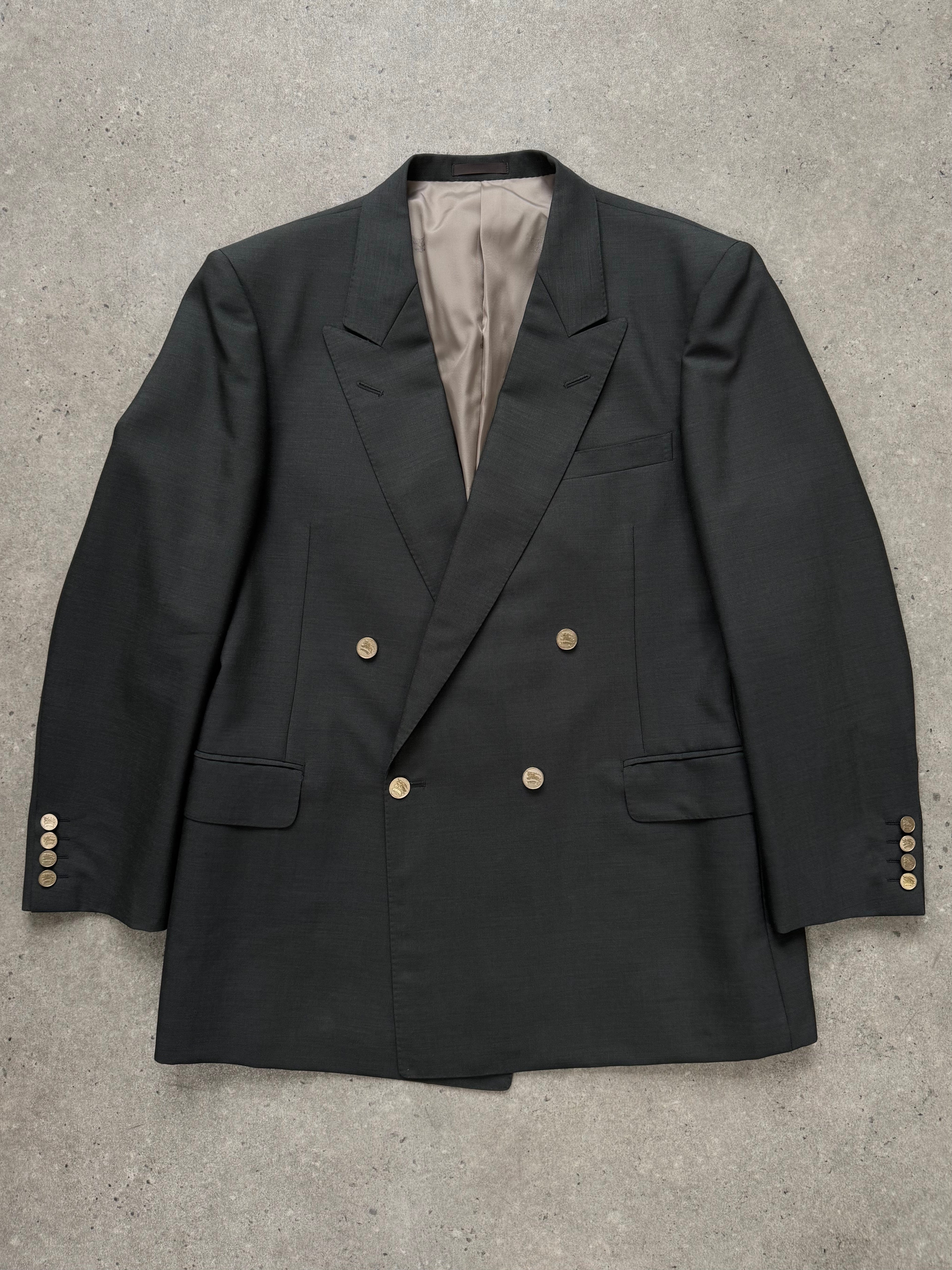 Burberry 1990s wool mohair double-breasted blazer in XL, featuring classic plaid pattern and tailored fit.