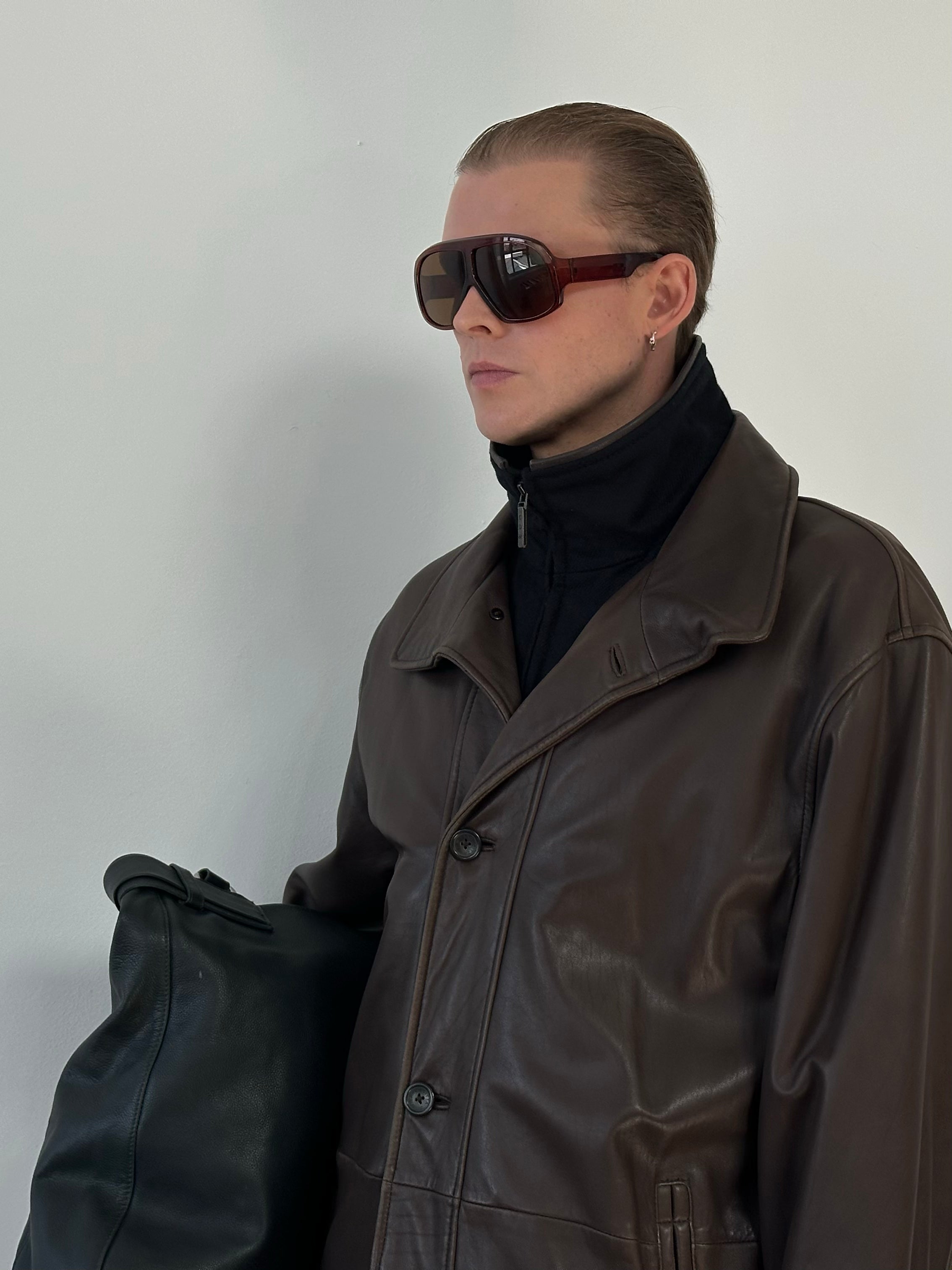Vintage 1990s Leather Funnel Neck Jacket - XL
