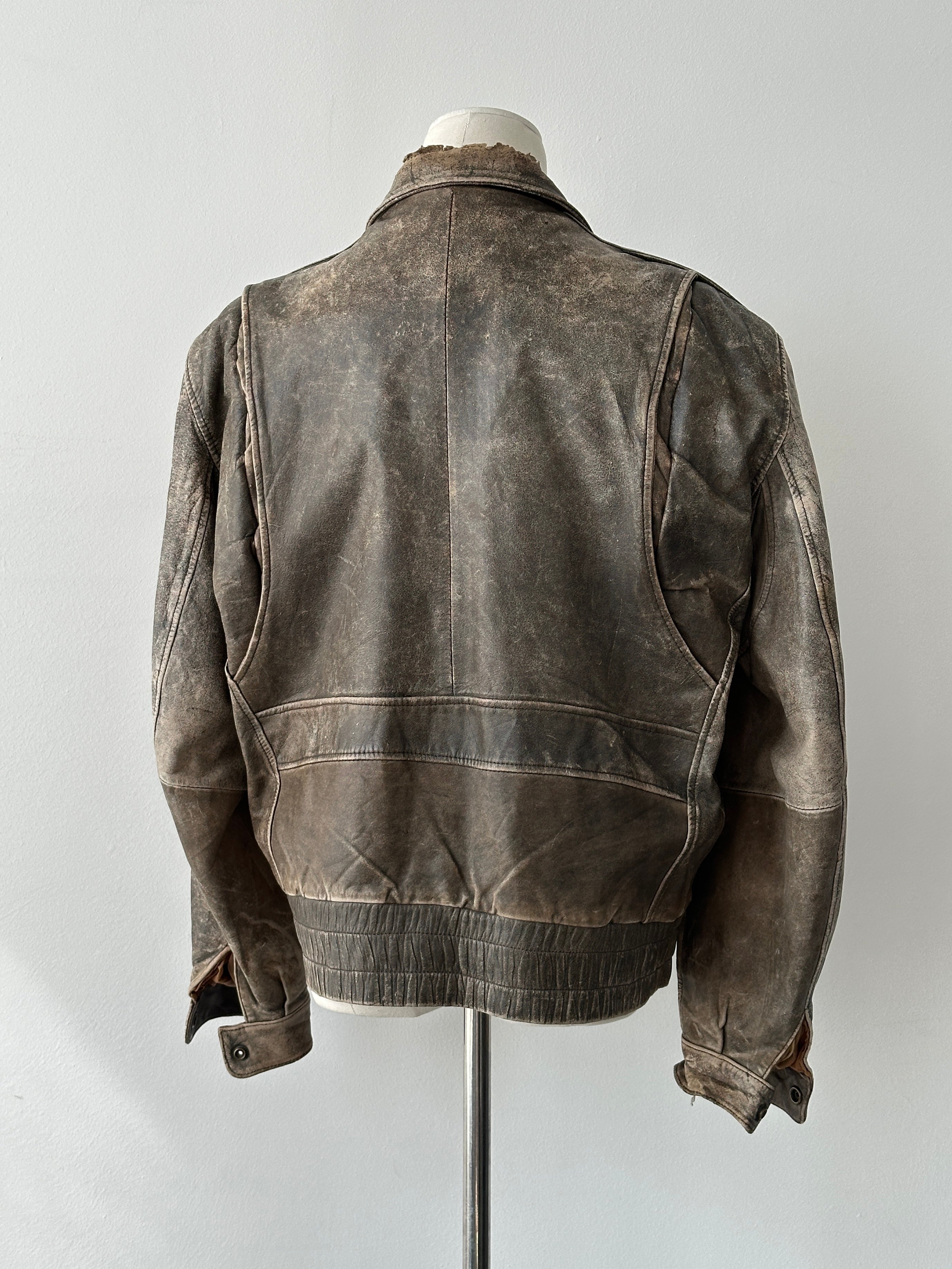 Vintage 1990s Distressed Leather Bomber Jacket - M-L