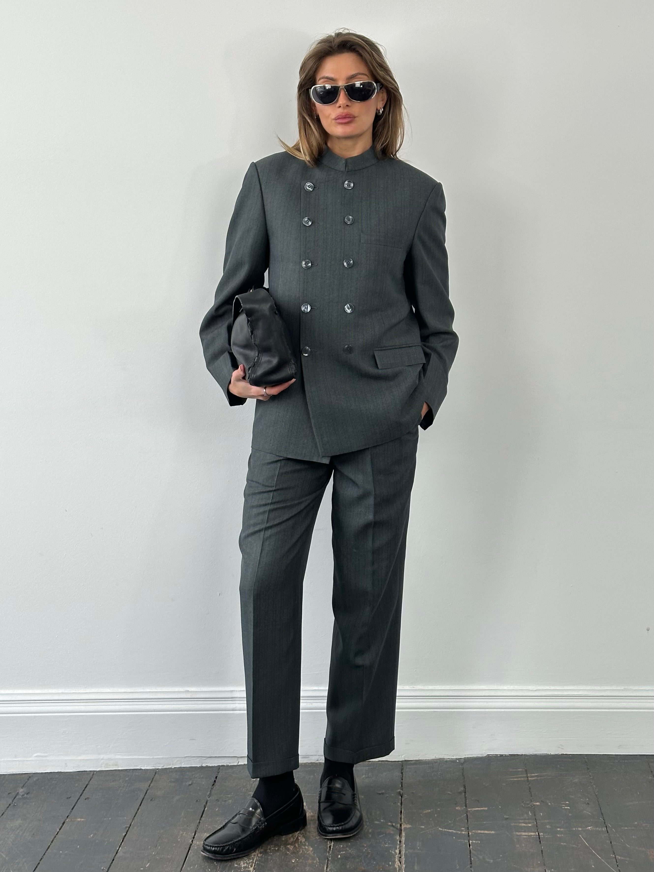 Vintage 1990s Stand Collar Double Breasted Stripe Suit - M