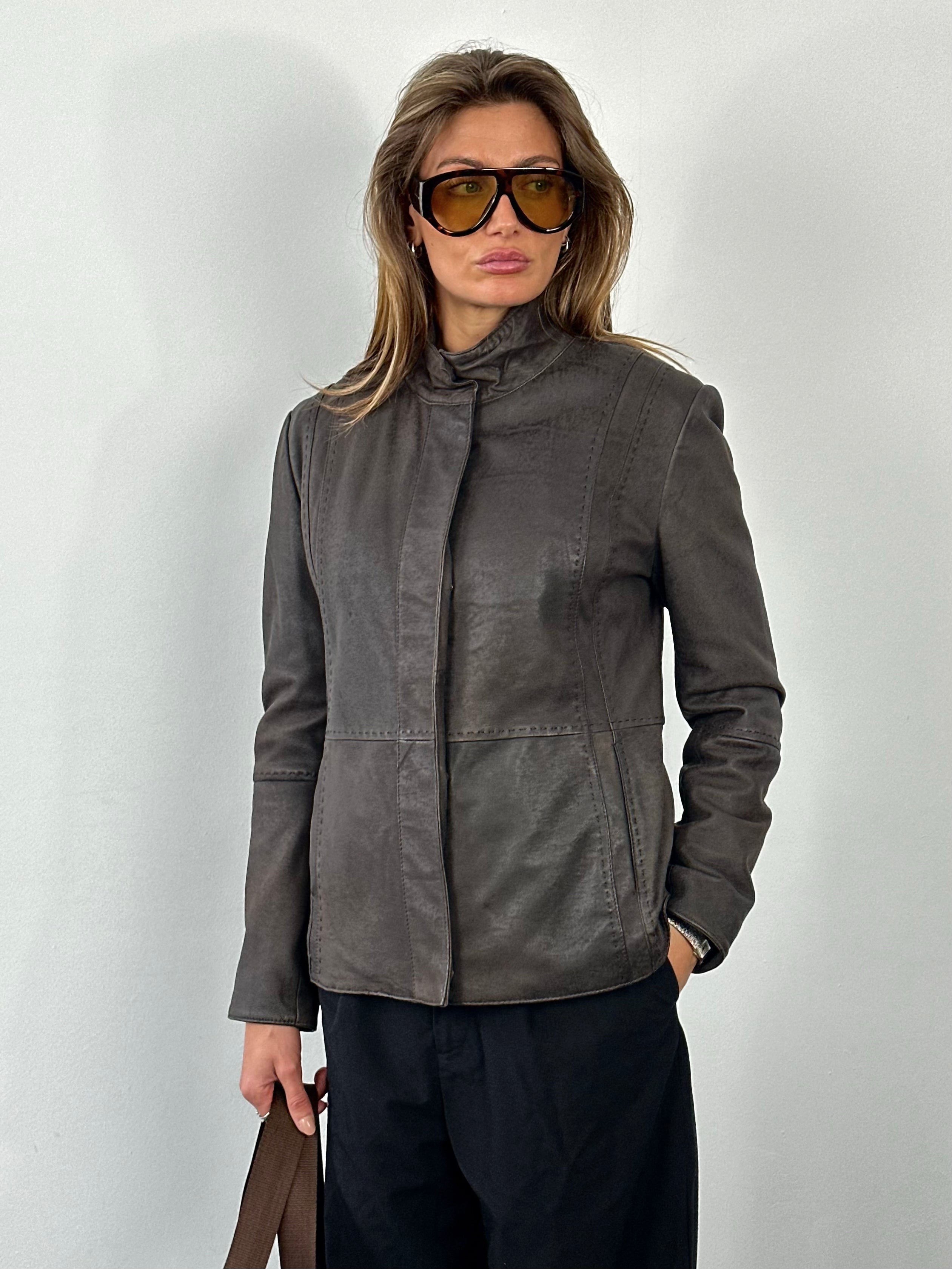 Vintage 1990s leather high neck jacket, small size, featuring classic design and textured leather from the Vintage brand.