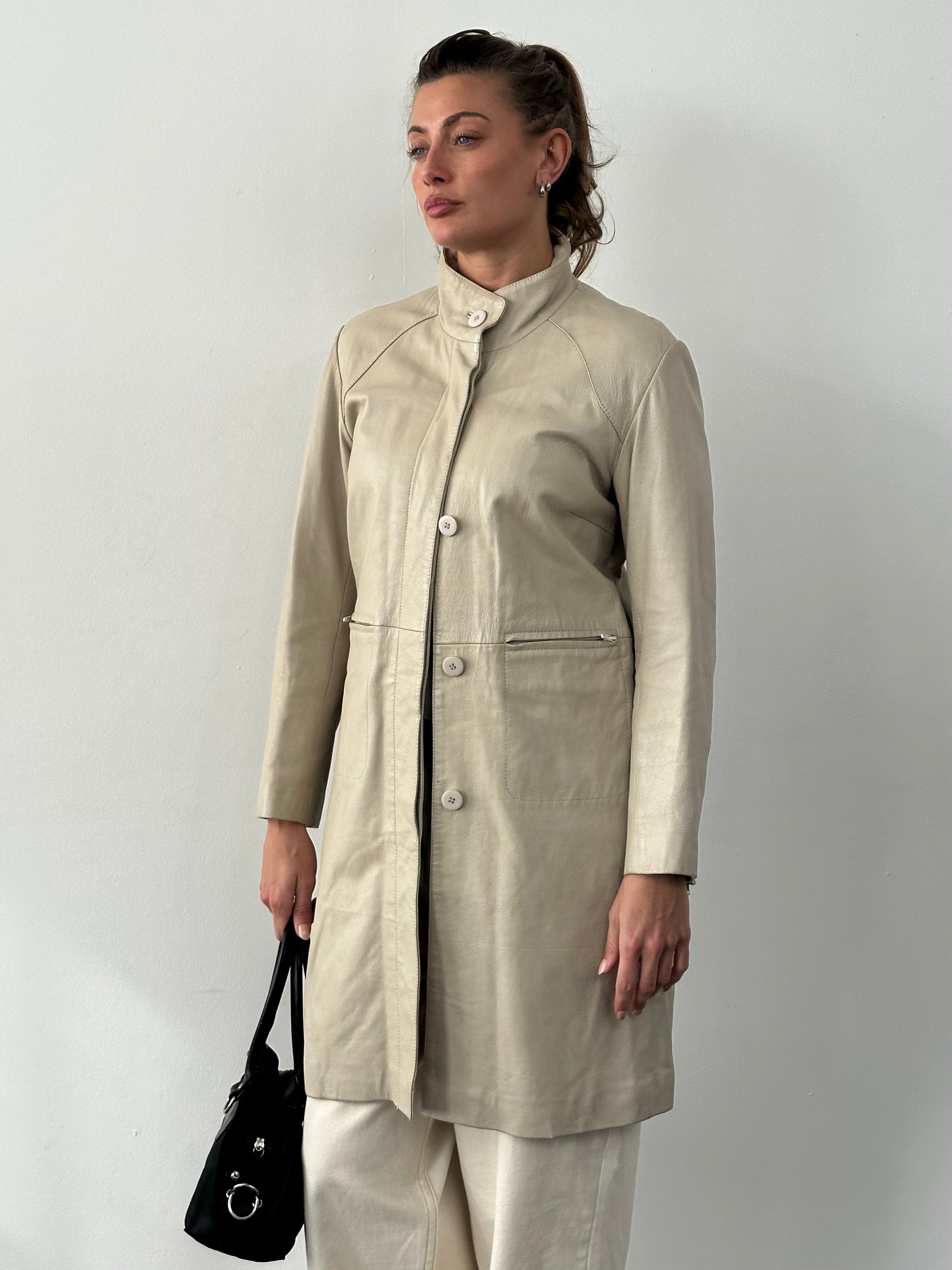 Vintage 2000s High Neck Leather Trench Coat - S