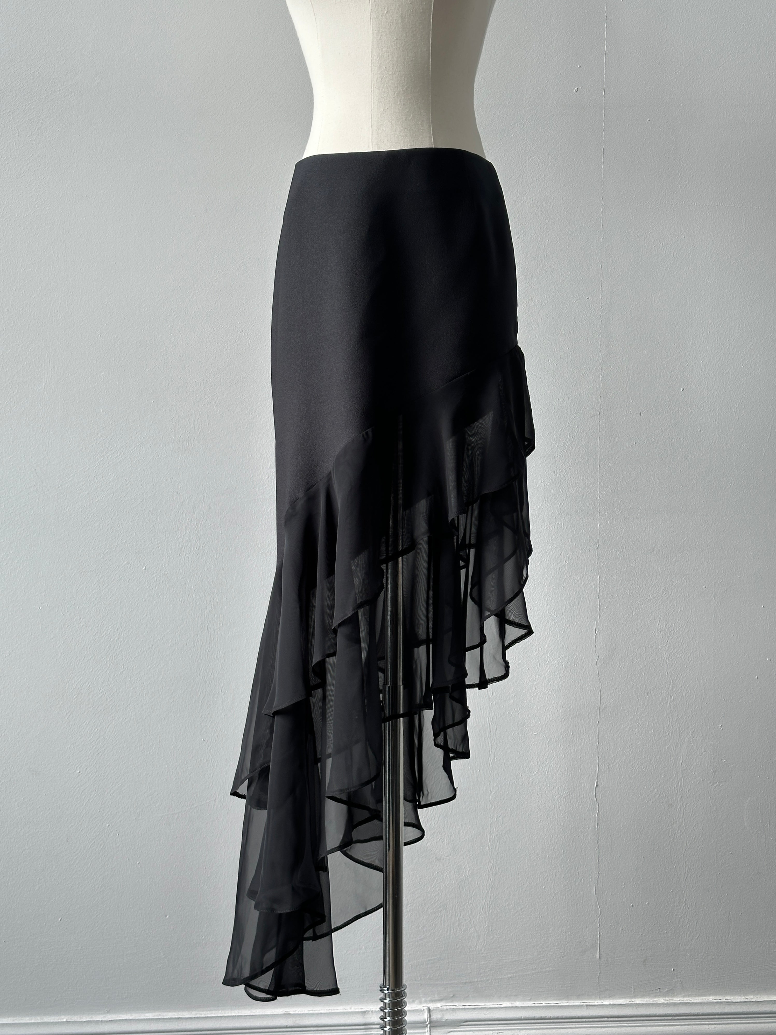 British Vintage 1990s Asymmetric Ruffle Midi Skirt - W28