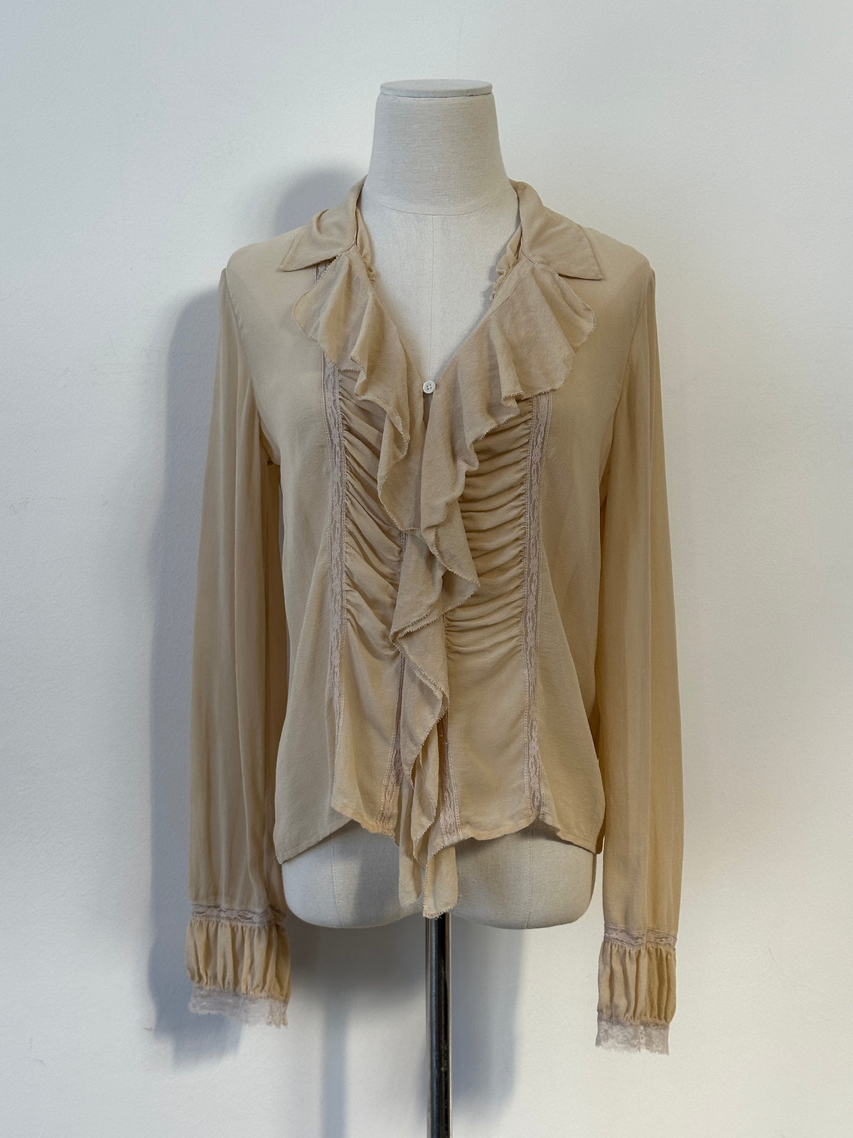 Donna Karan 2000s Pure Silk Sheer Ruffle Shirt - S