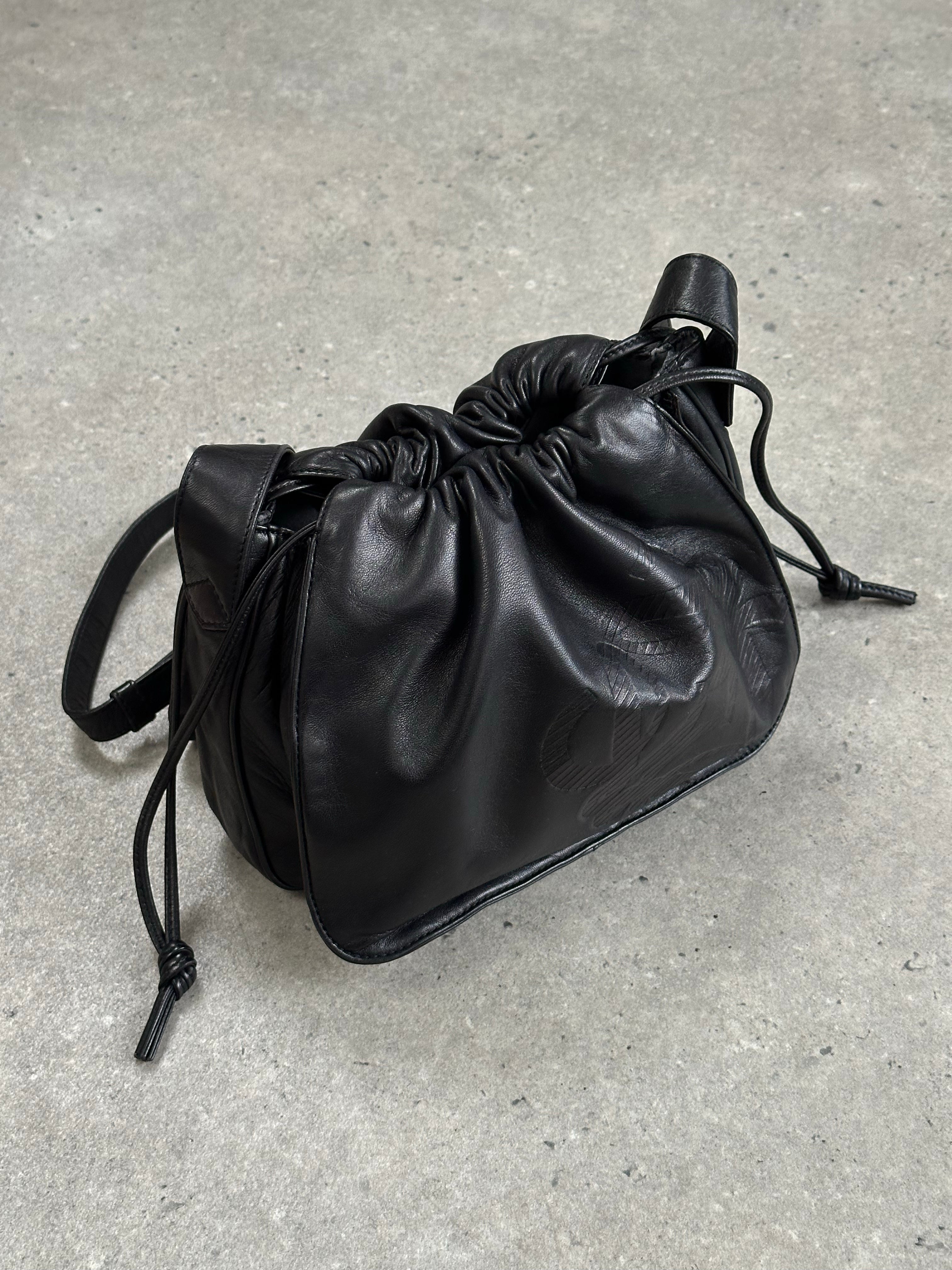 Loewe 1990s ruched leather Anagram crossbody bag with adjustable strap and signature logo, stylish and compact for everyday use.