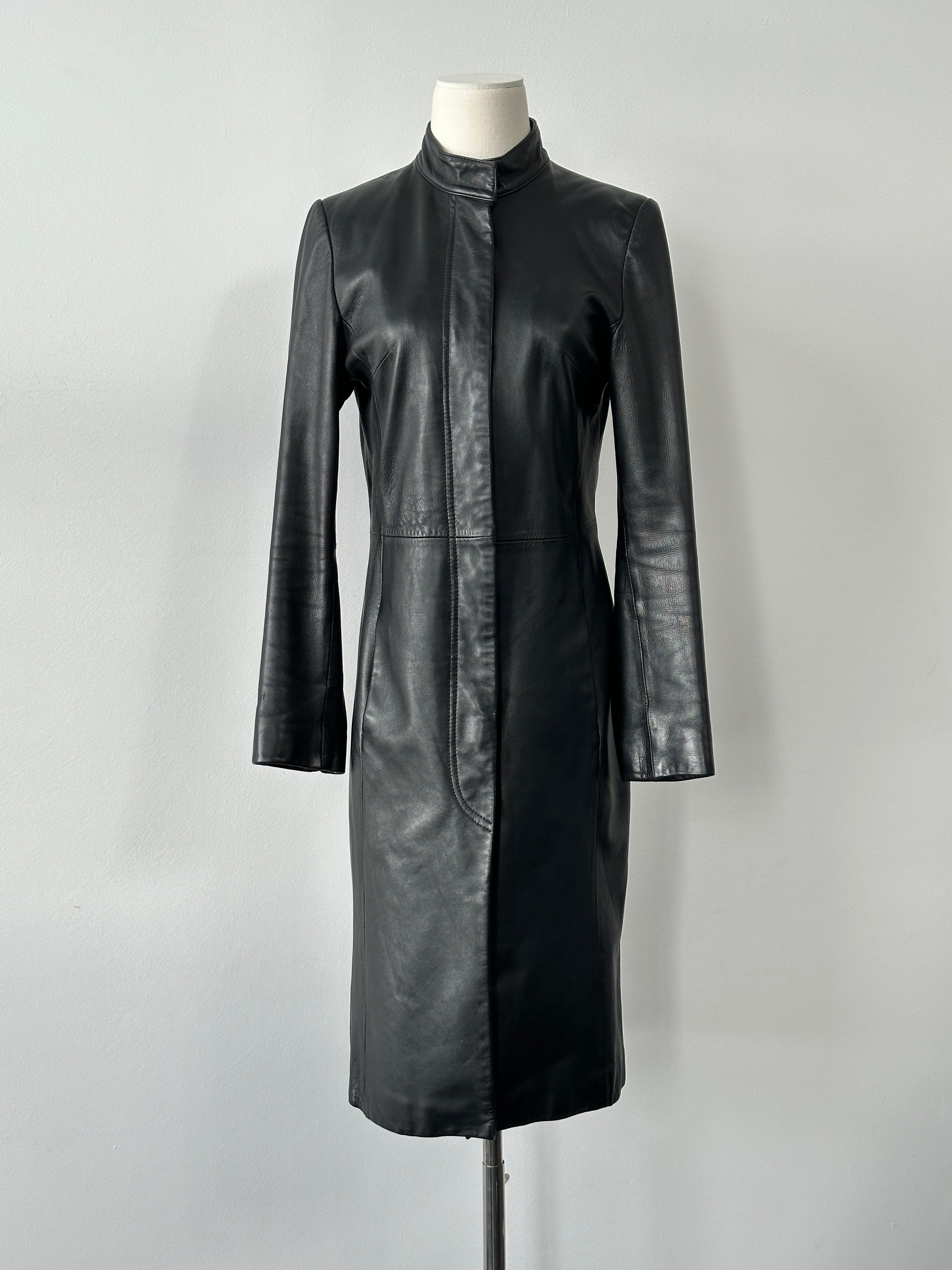Vintage 1990s Leather High Neck Trench Coat - S