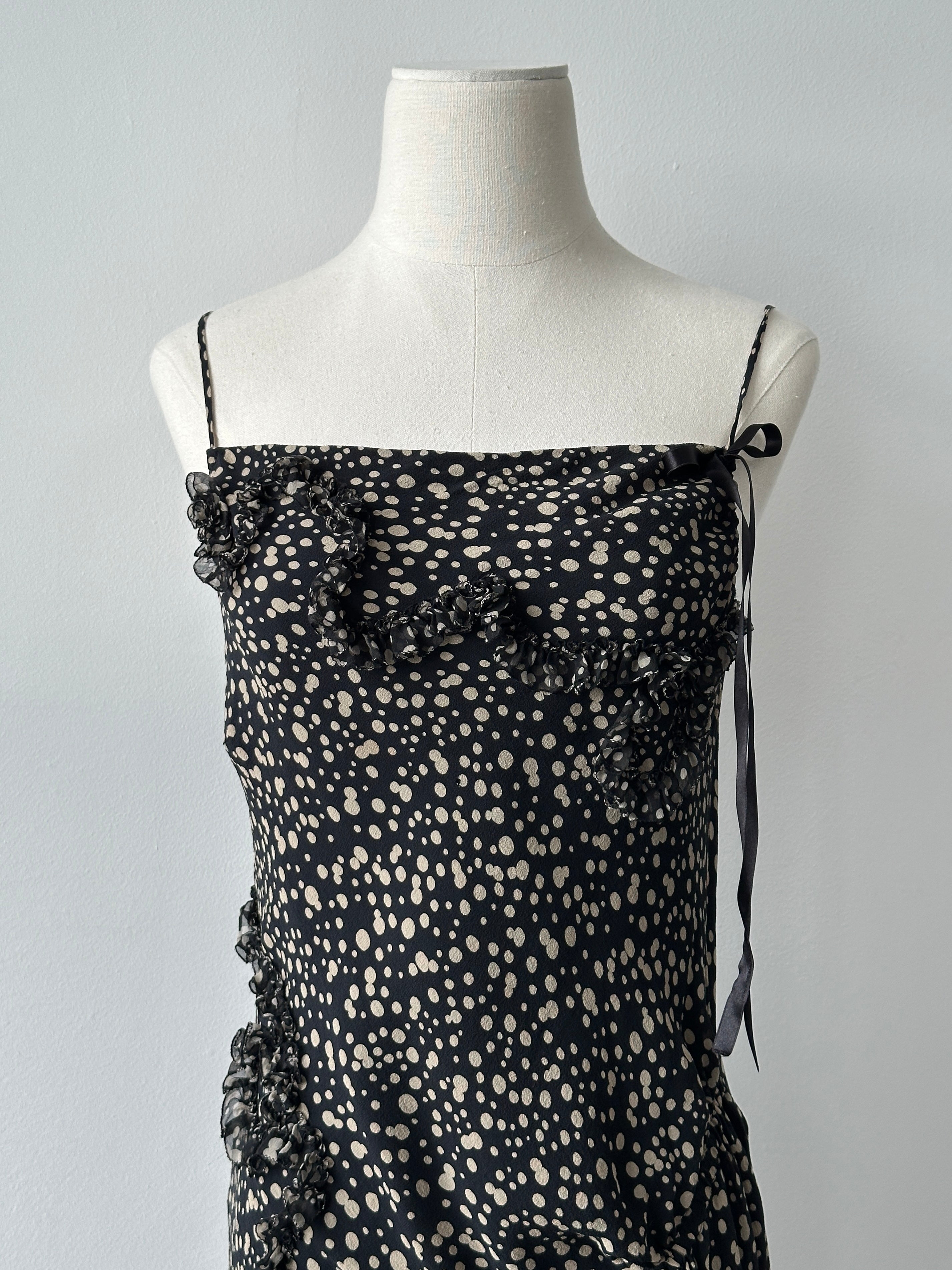 Vintage 2000s Silk Asymmetric Ruffle Print Dress - S-M