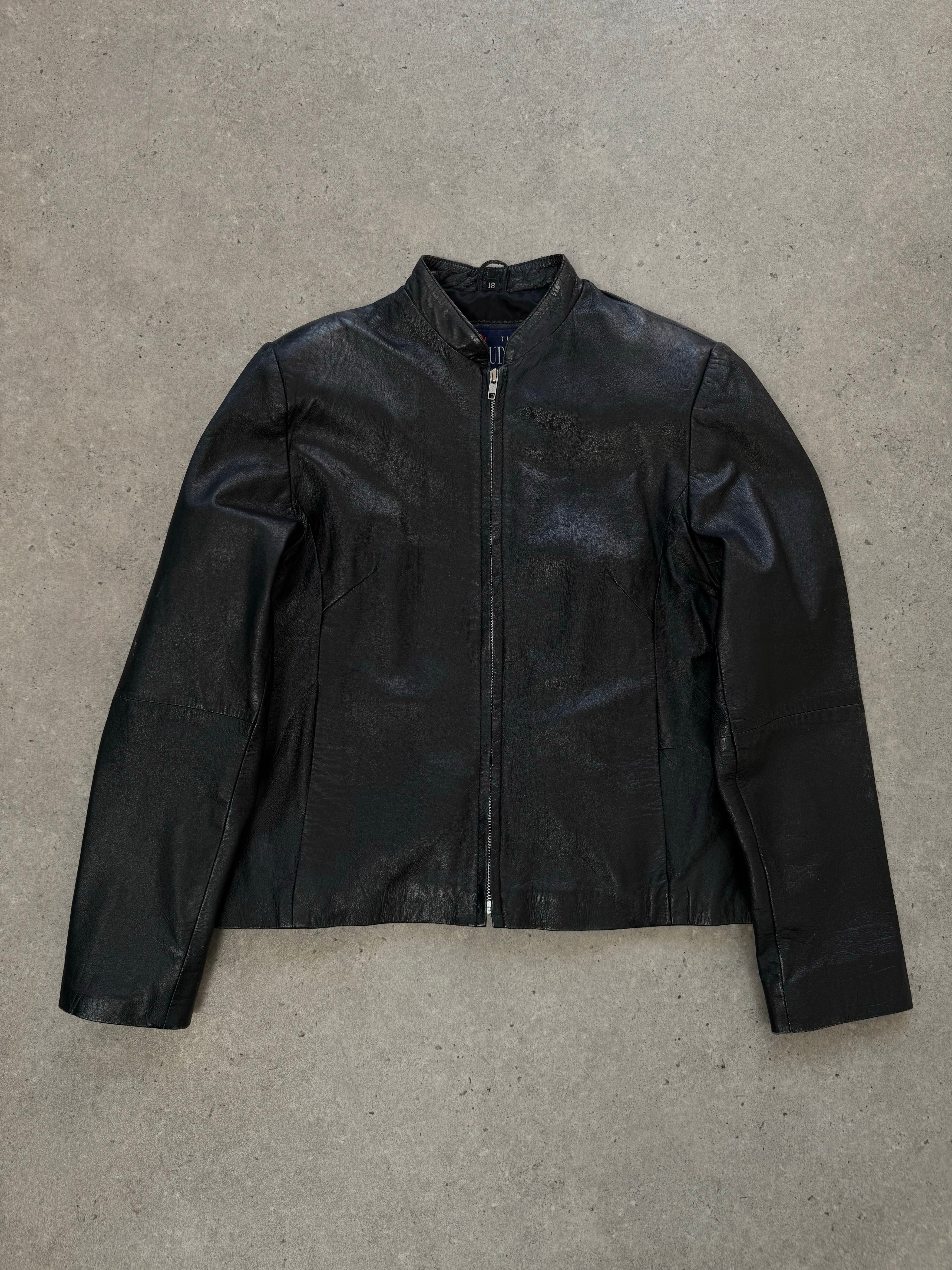 Vintage 1990s leather high neck jacket, size small, with classic leather texture and vintage style from the Vintage brand.