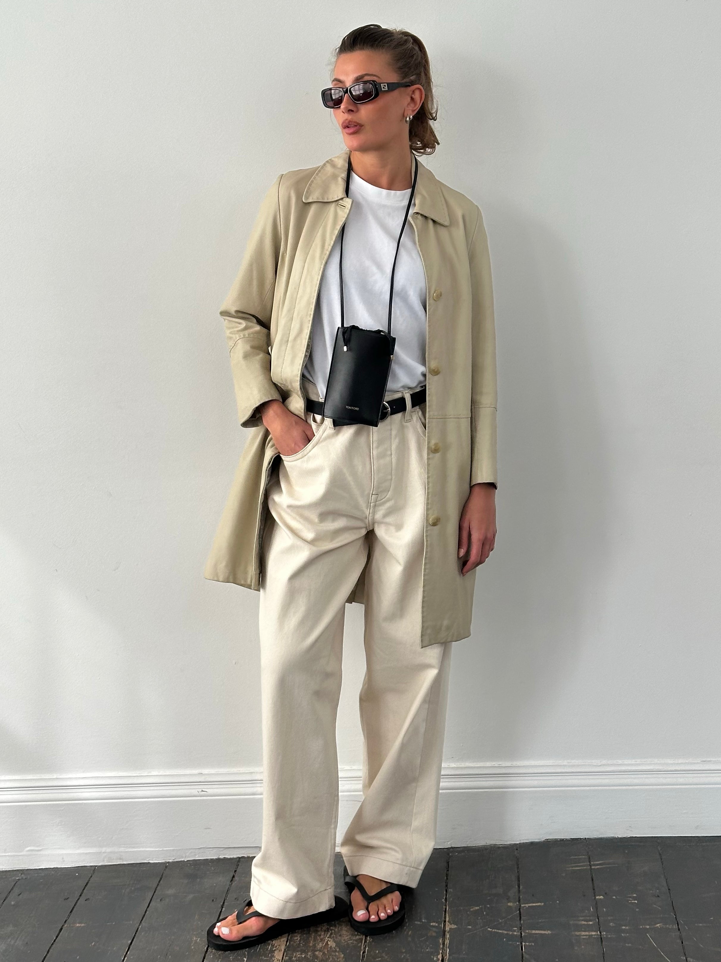 Vintage 1990s Leather Belted Trench Coat - S