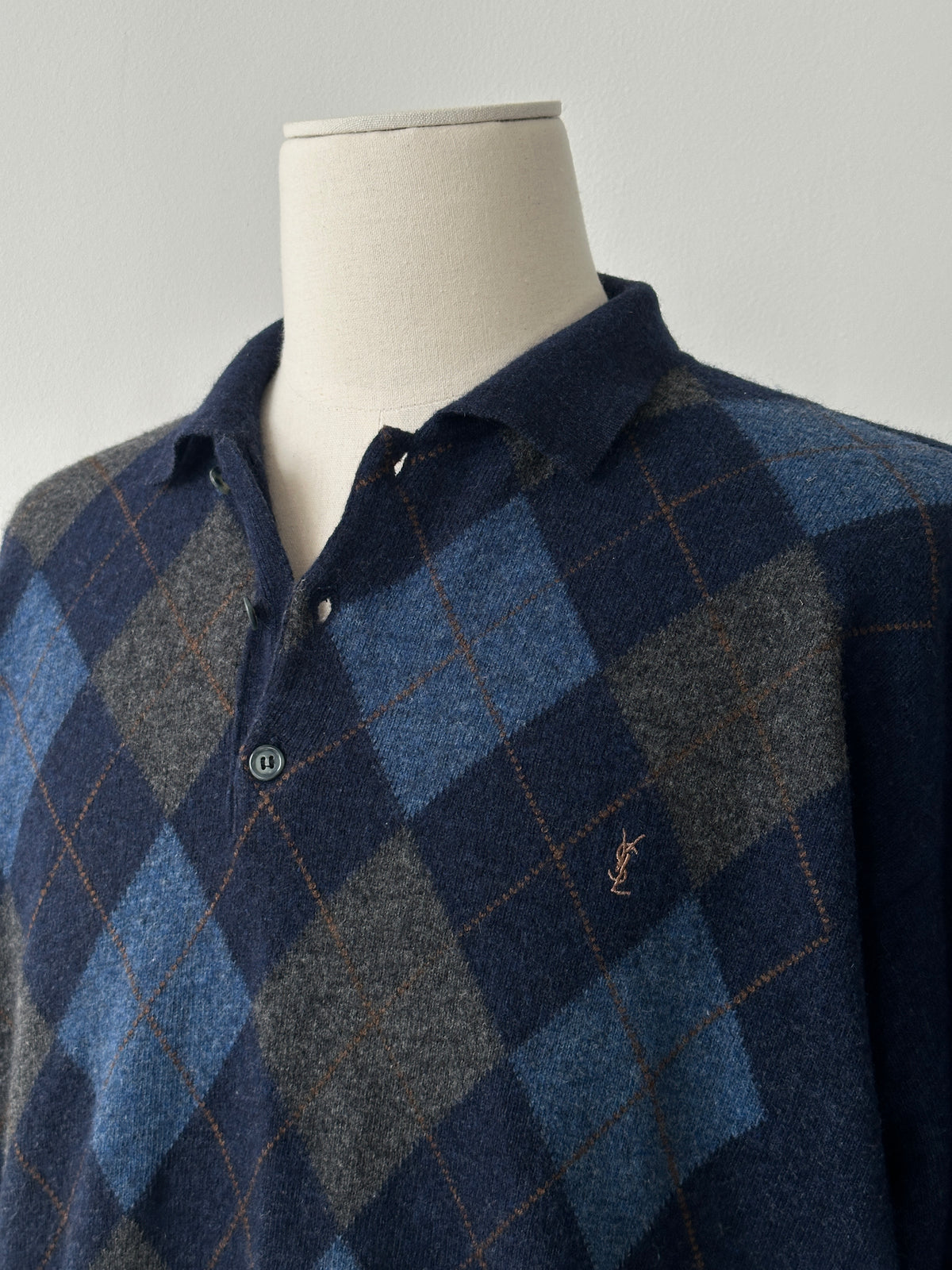 Yves Saint Laurent Doorume 1990s Lambswool Argyle Polo Jumper - L