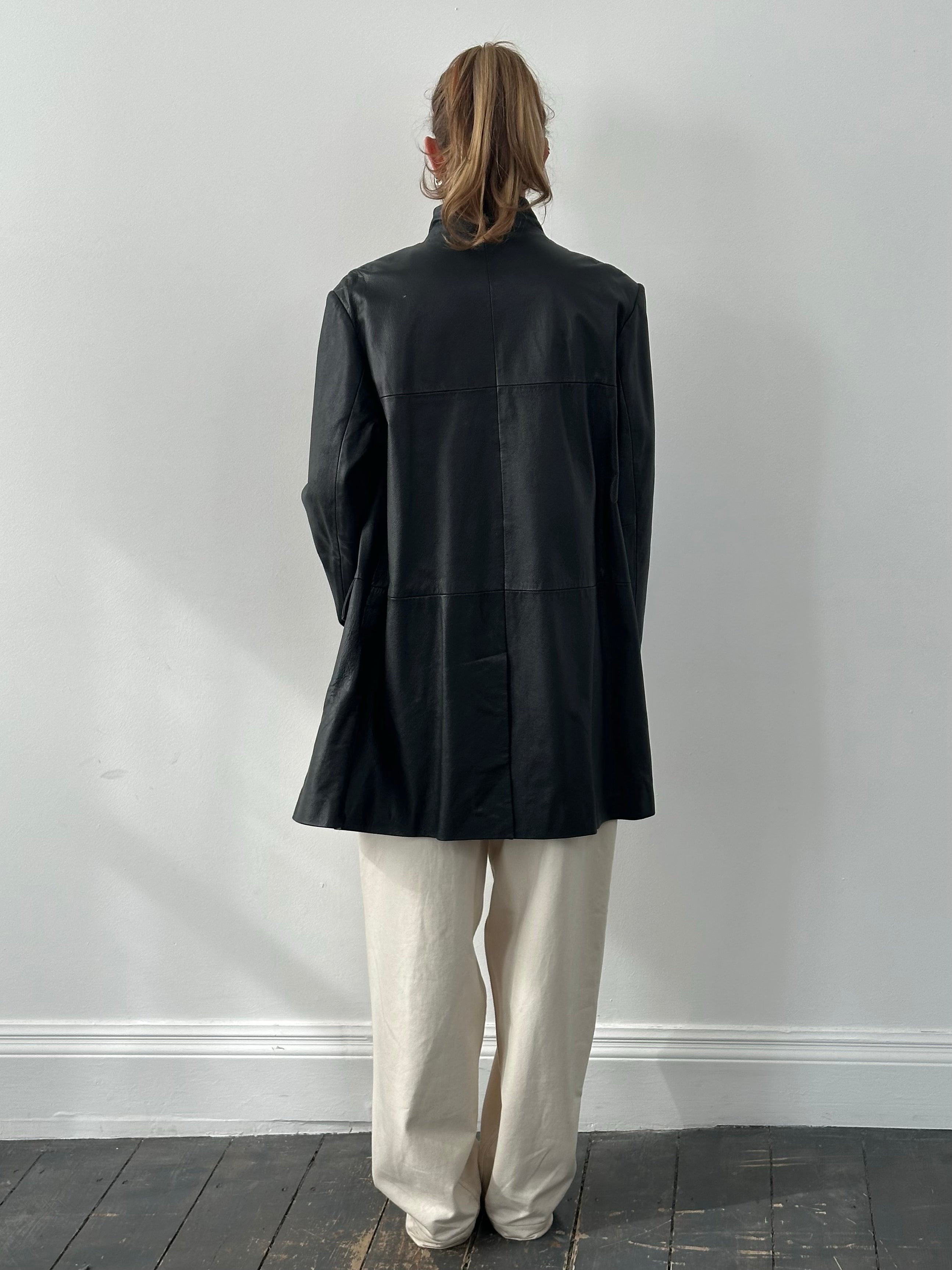 Vintage 1990s Collarless Leather Trench Coat - L/XL