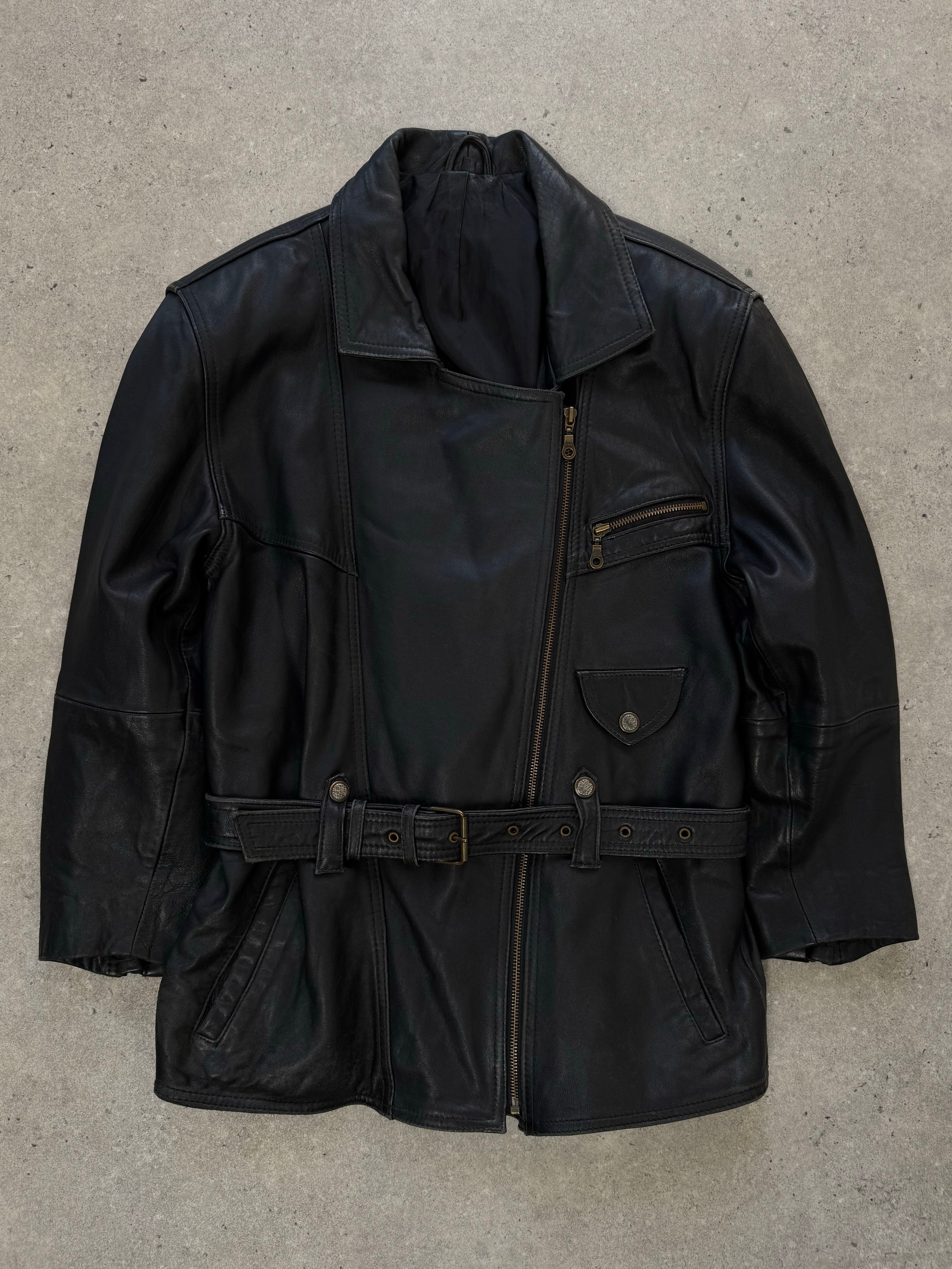 Vintage 1990s leather belted jacket with classic design, featuring a front zipper and collar, made from brown leather.