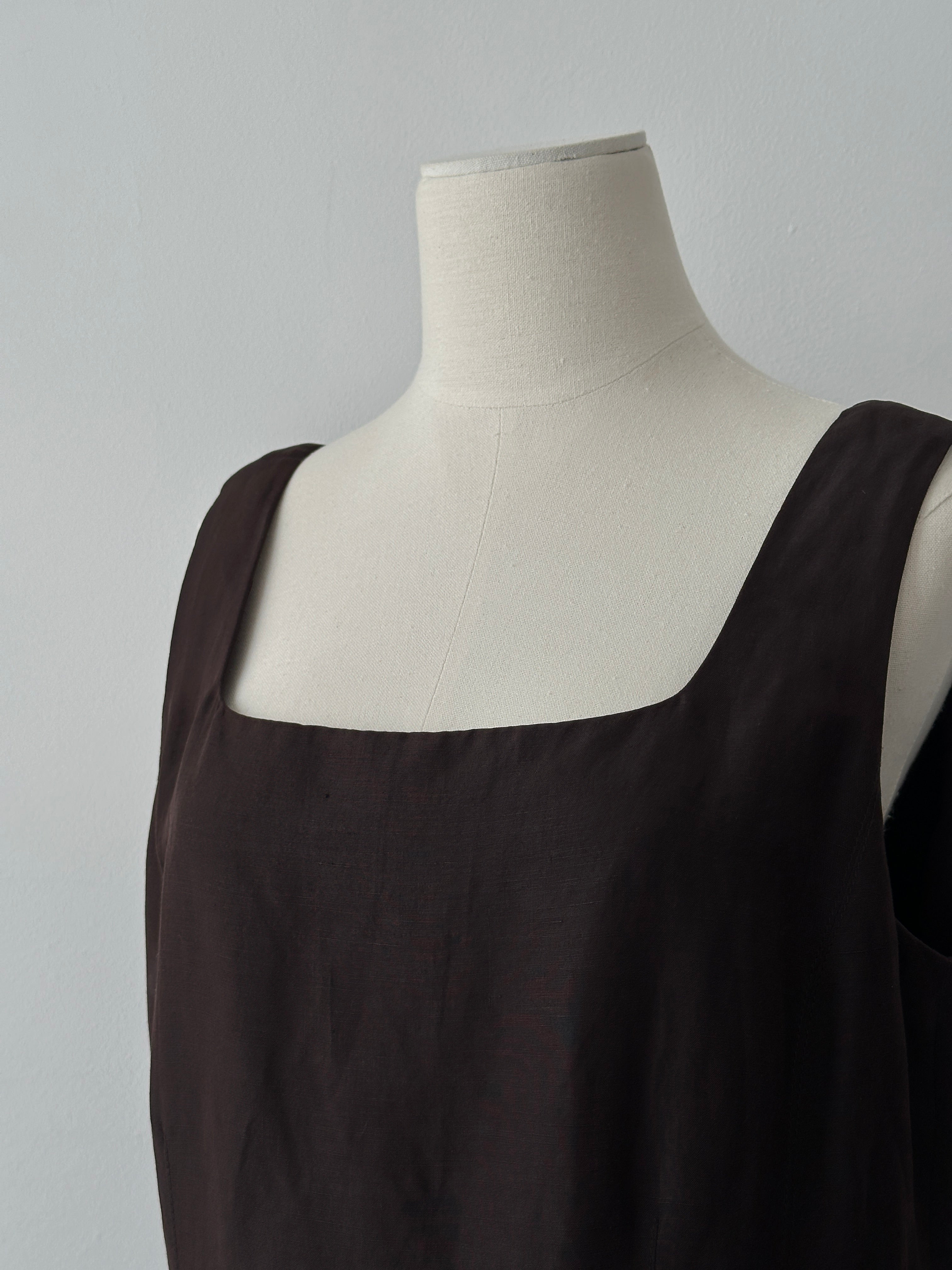 Vintage 1990s Silk Linen Square Neck Midi Dress - L