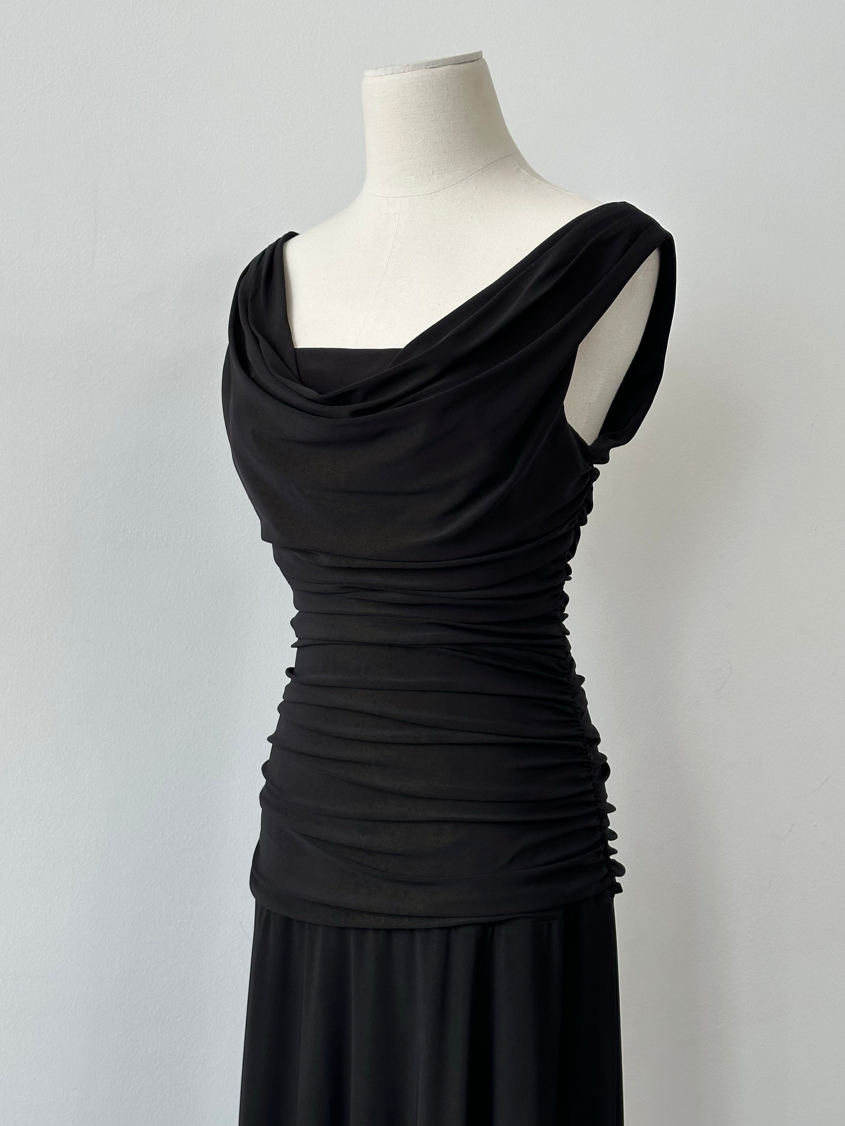 Vintage 1990s cowl neck floor-length fitted dress, stylish and elegant, in a classic vintage fashion, perfect for formal occasions.