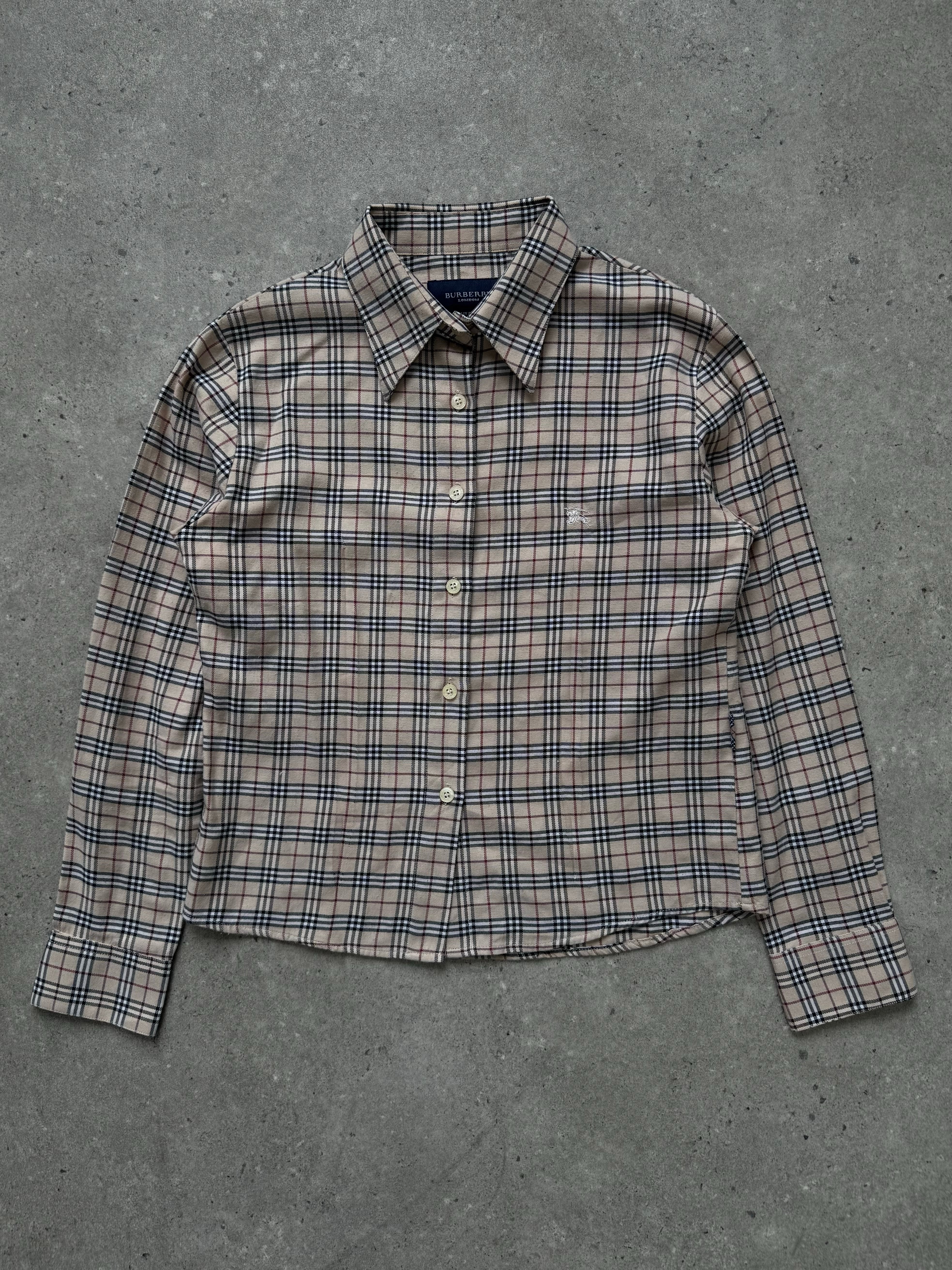 Burberry London 2000s cotton check shirt in XS with classic plaid pattern, long sleeves, and button front.