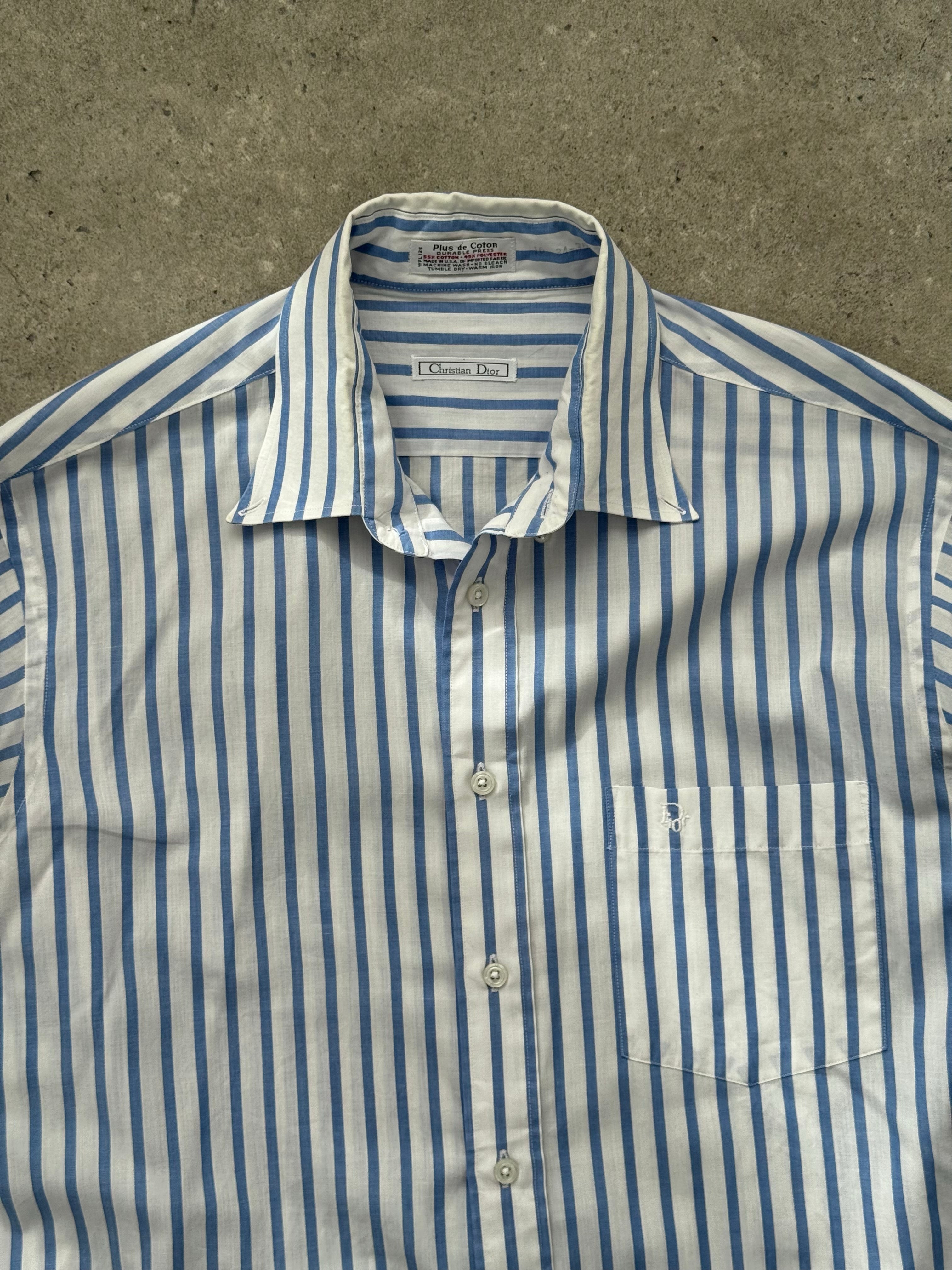 Christian Dior 1980s cotton striped logo shirt, men's size L, featuring classic Dior branding and colorful striped pattern.