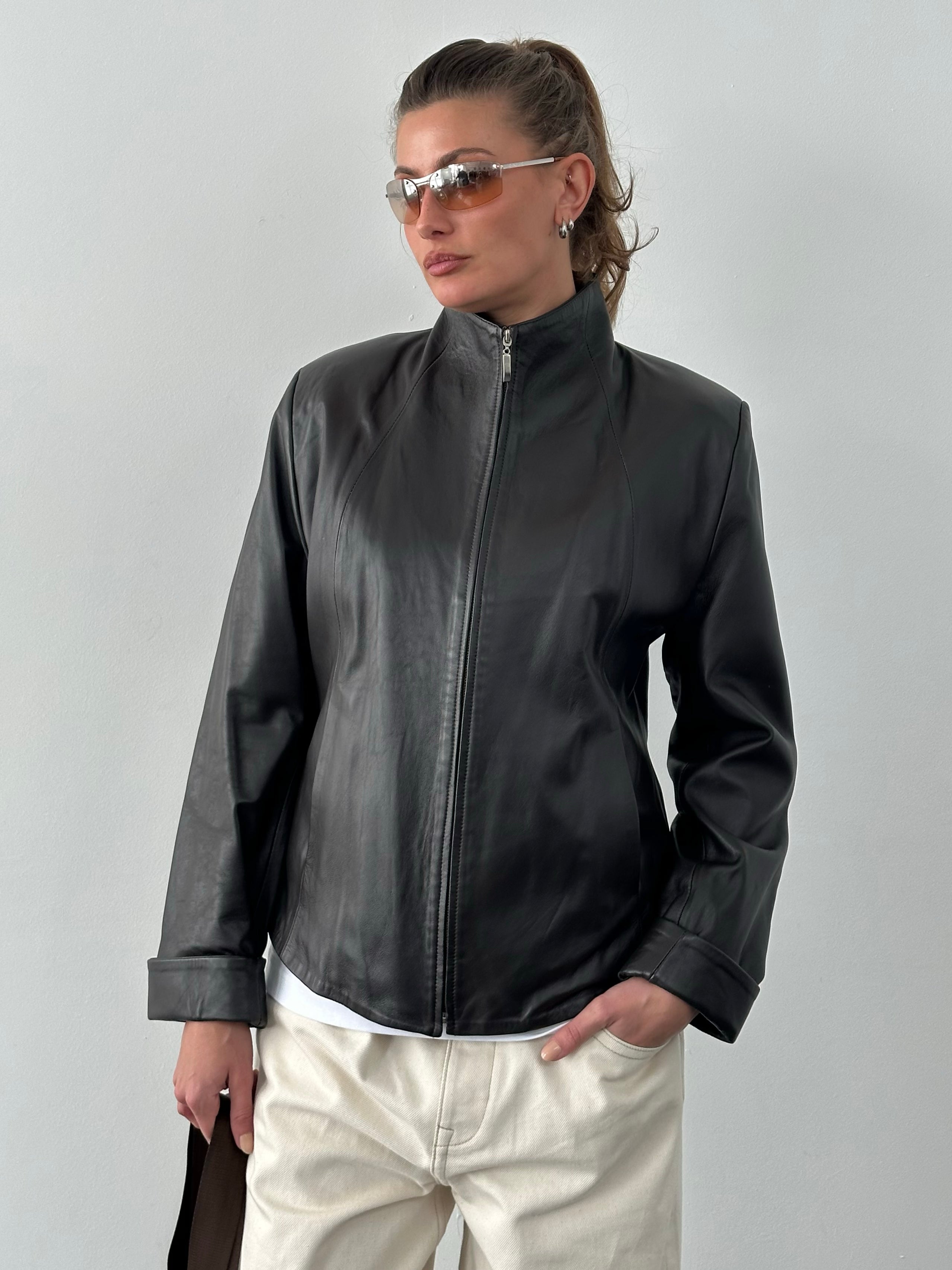 Vintage 1990s High Neck Leather Jacket - M/L