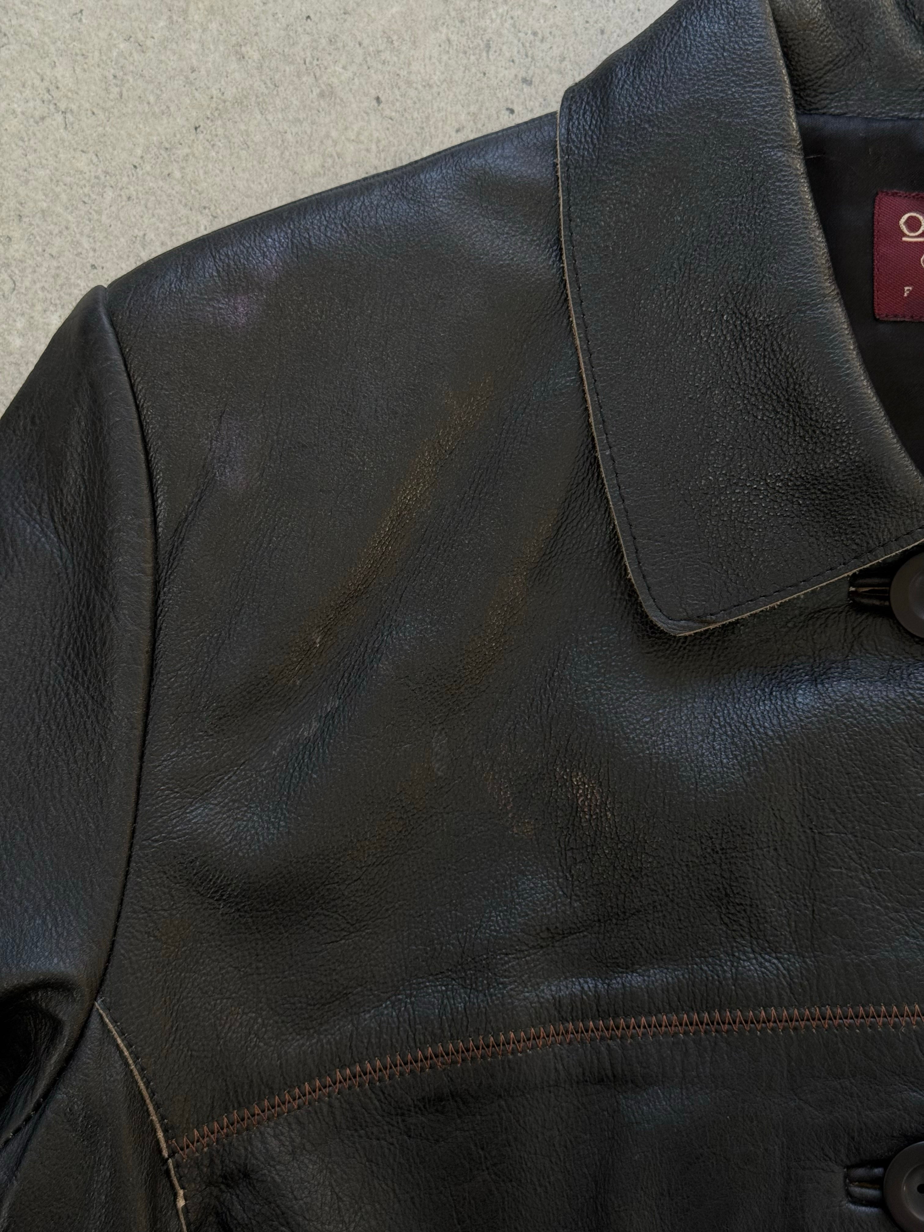 Vintage 1990s leather belted jacket, size small, featuring classic design and authentic leather texture.