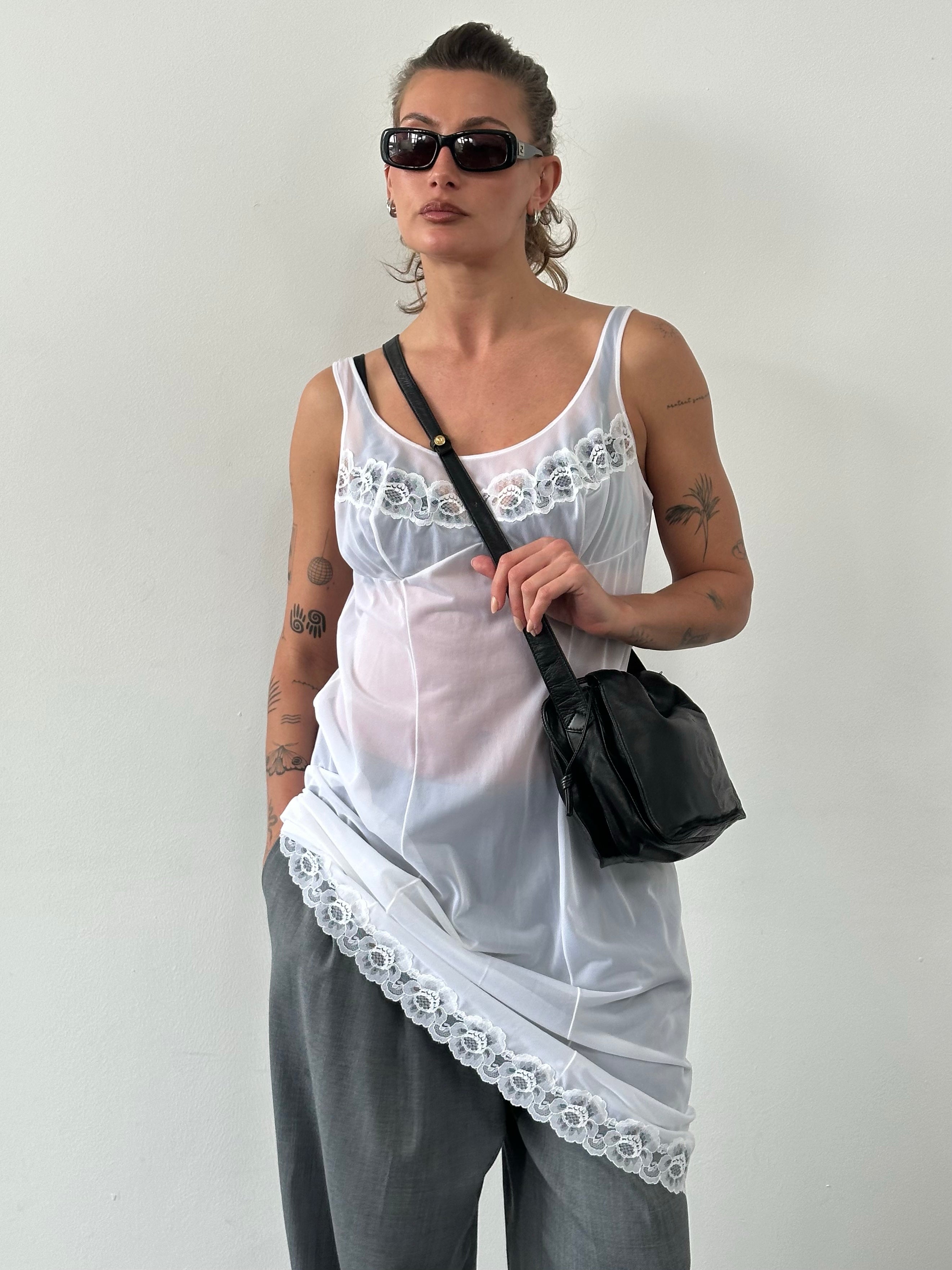 Italian Vintage 1990s Sheer Lace Sleeveless Dress - L