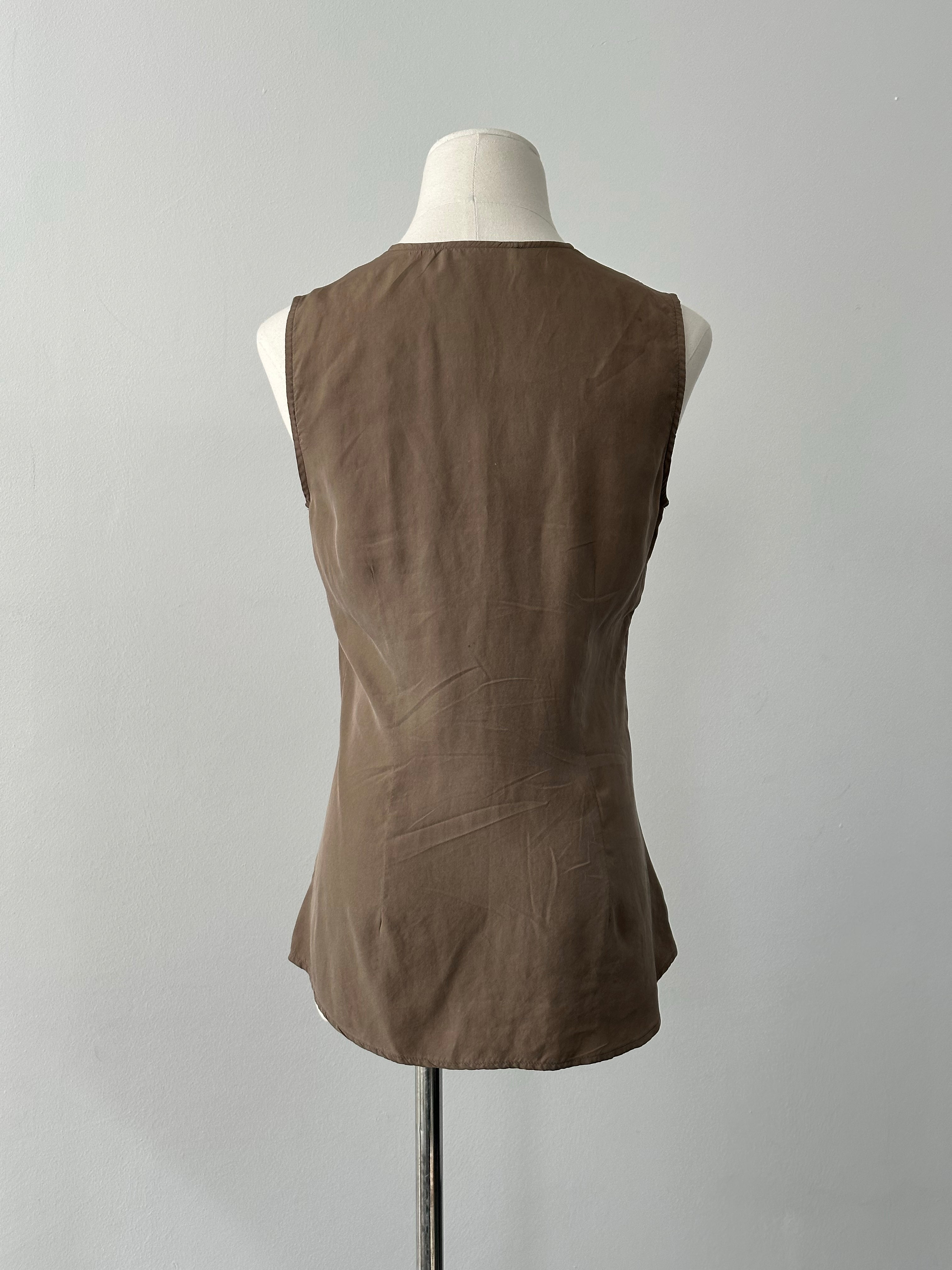 Emporio Armani 2000s pure silk sleeveless top in white, minimalist design, size small, with a smooth fabric finish.