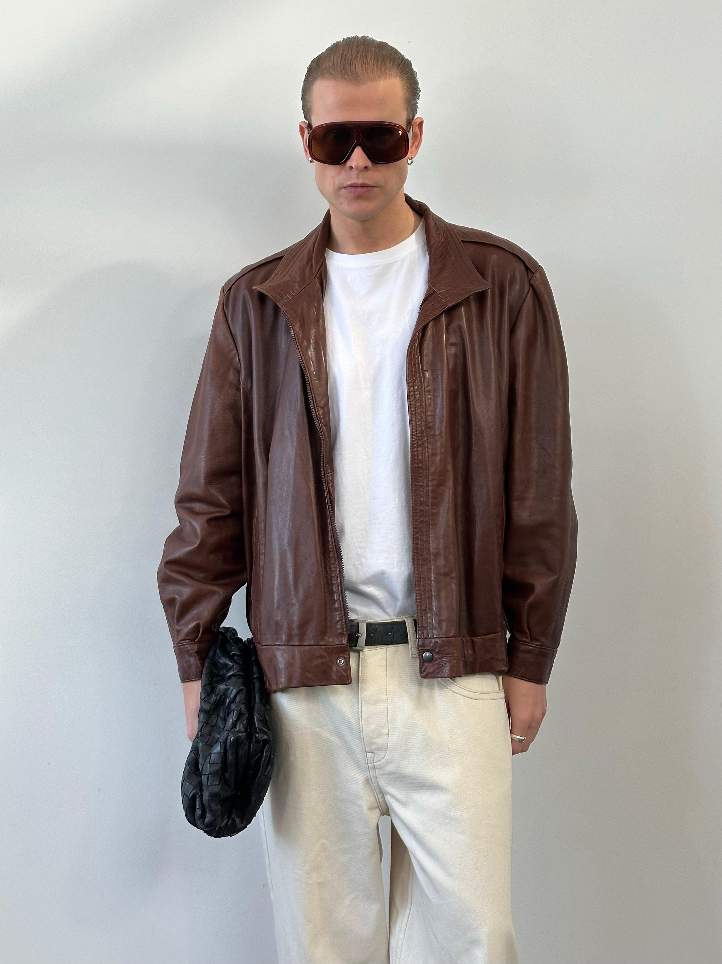 British Vintage 1980s High Neck Leather Bomber Jacket - L