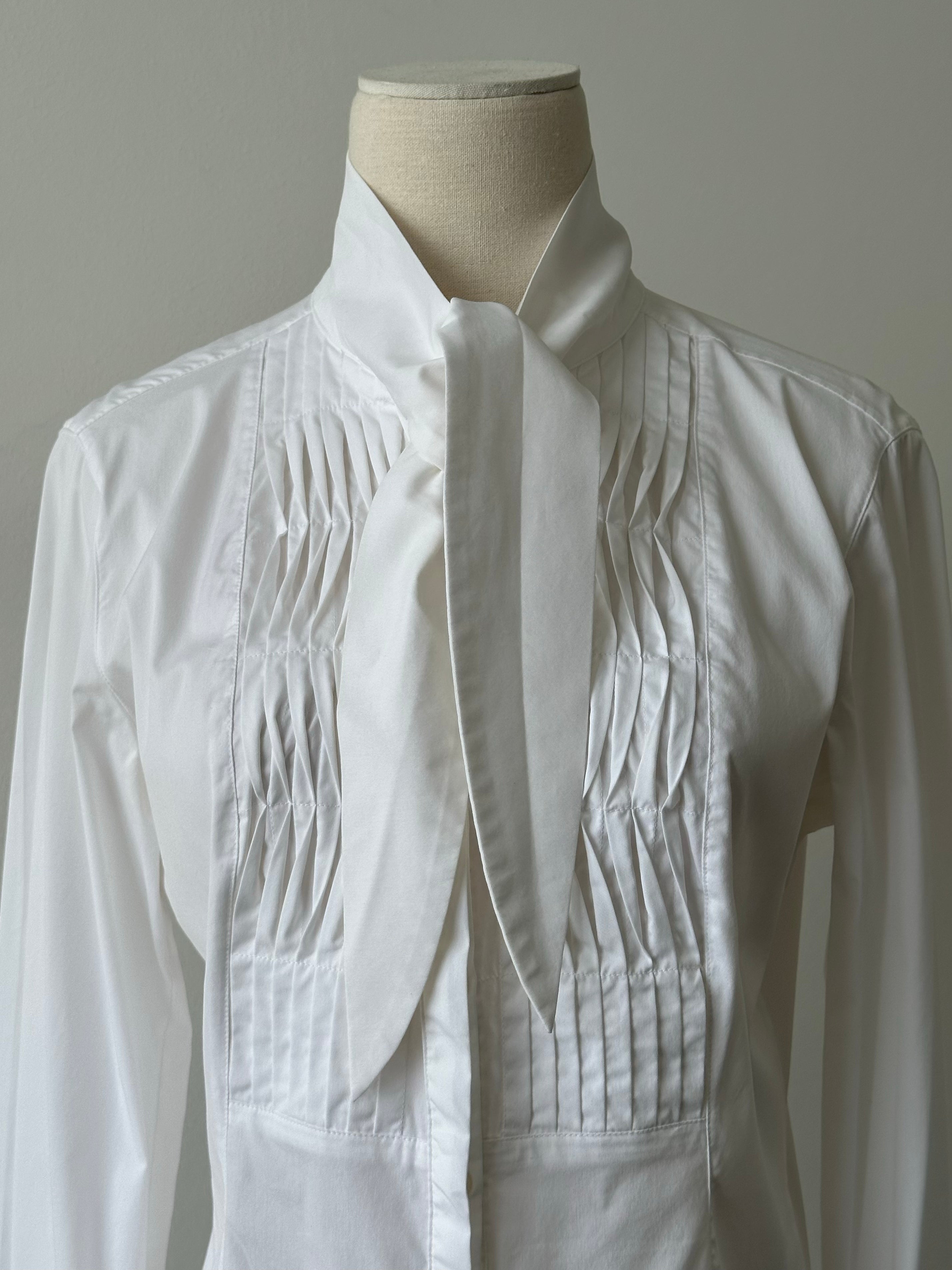 Max Mara 2000s Cotton Pussy Bow Tuxedo Shirt - S