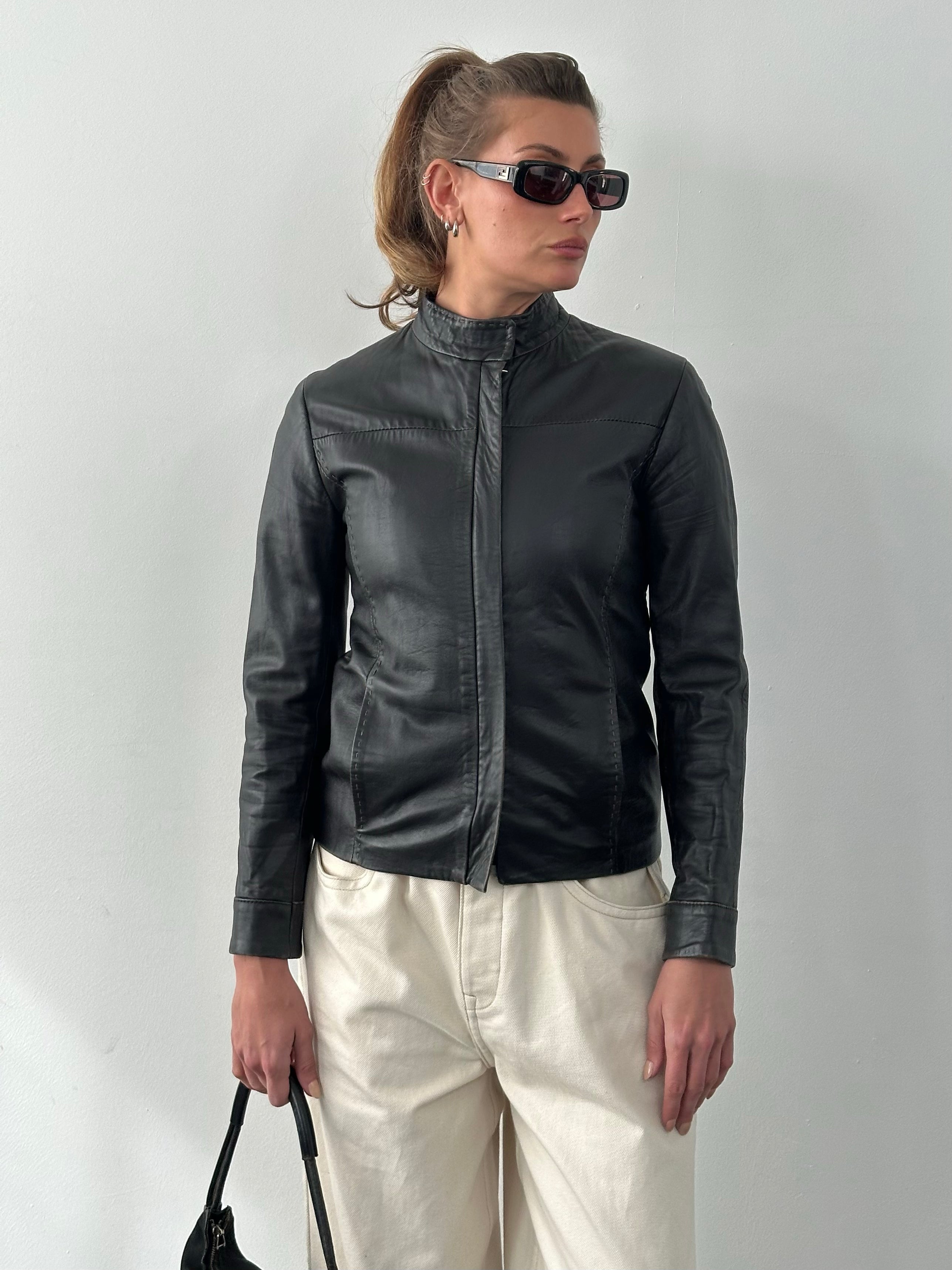 Italian Vintage 1990s Fitted High Neck Leather Jacket - XS