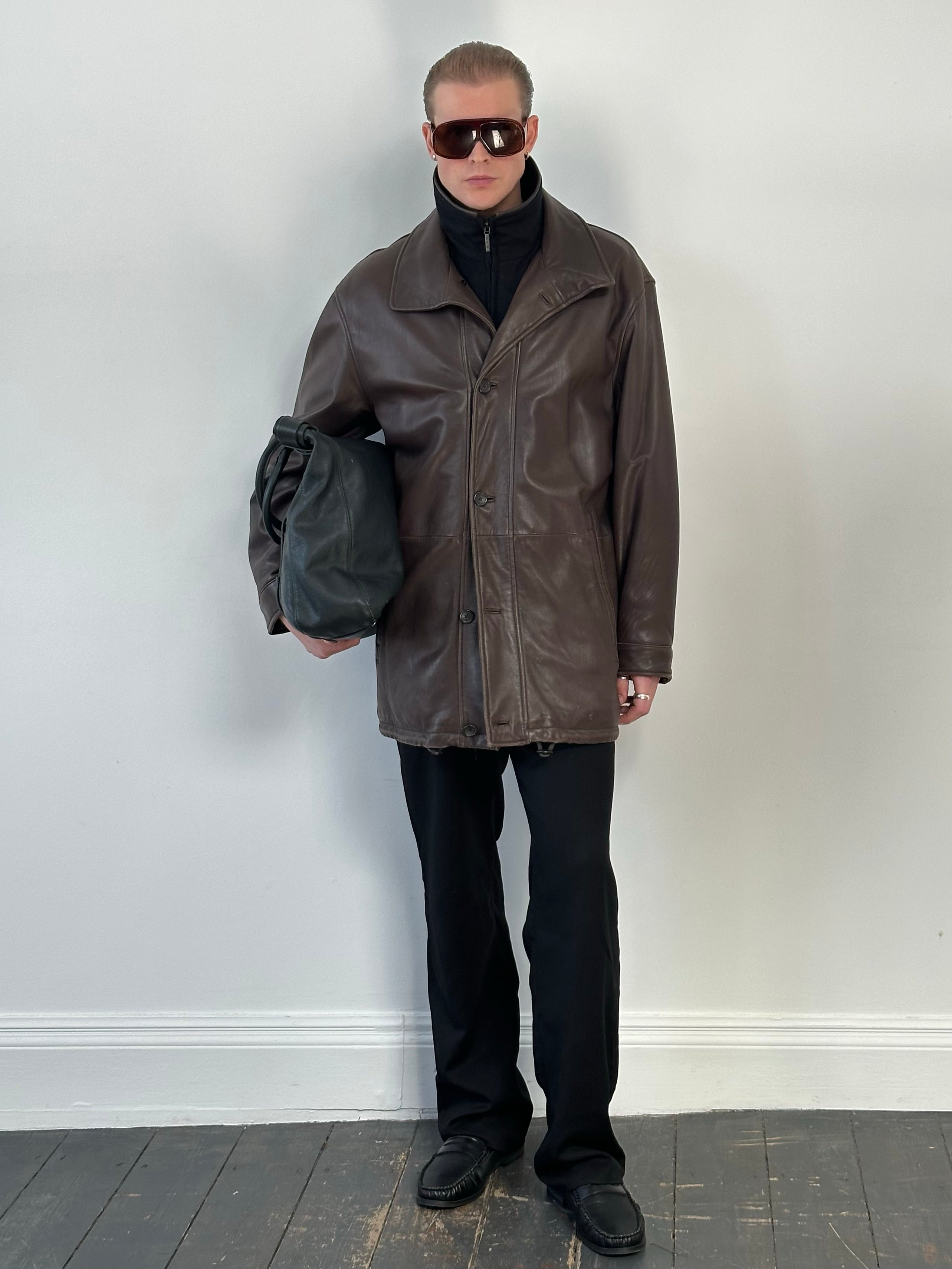 Vintage 1990s Leather Funnel Neck Jacket - XL