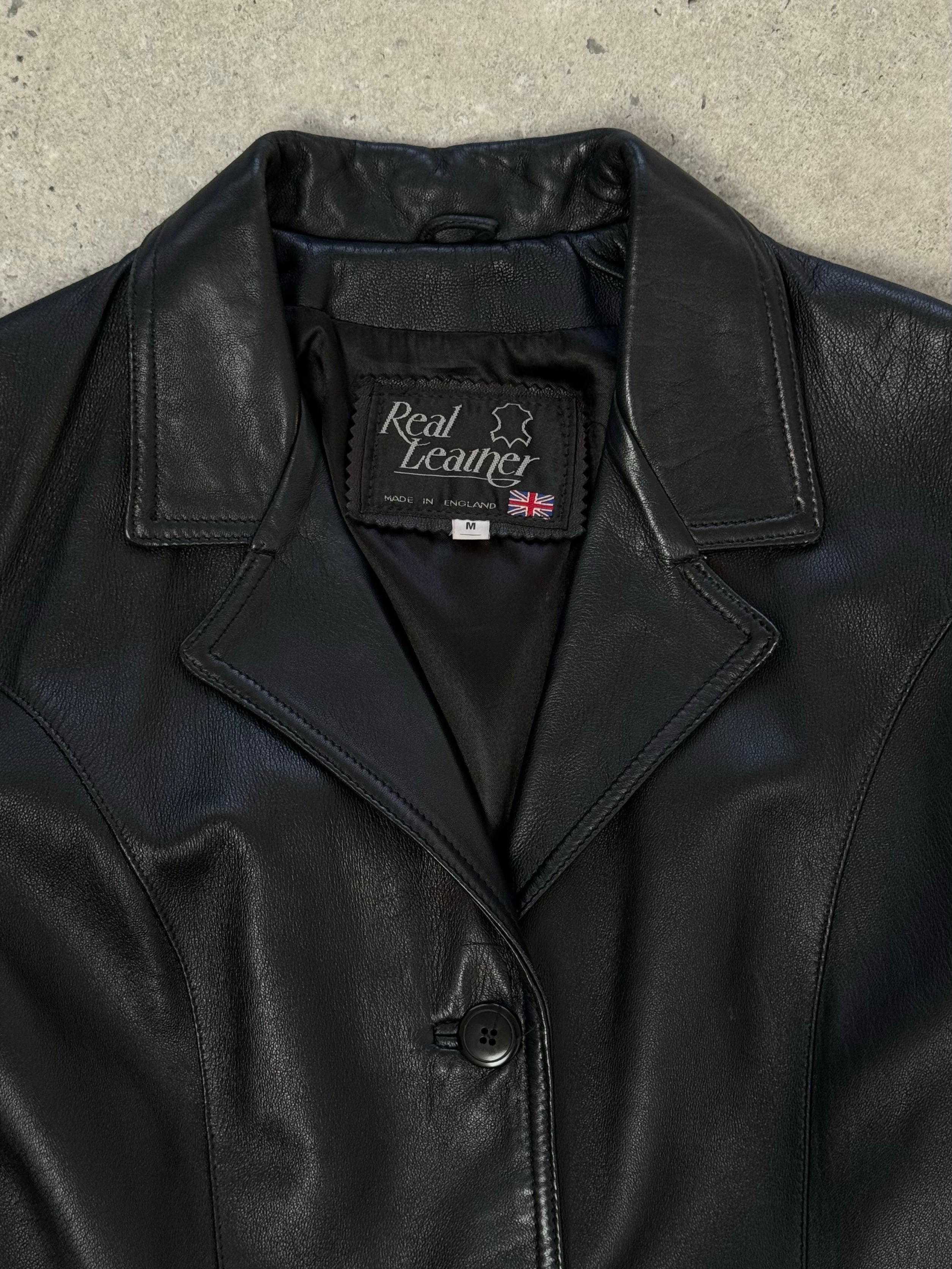 Vintage 1990s fitted leather jacket, men's size small, with classic design and authentic leather material.