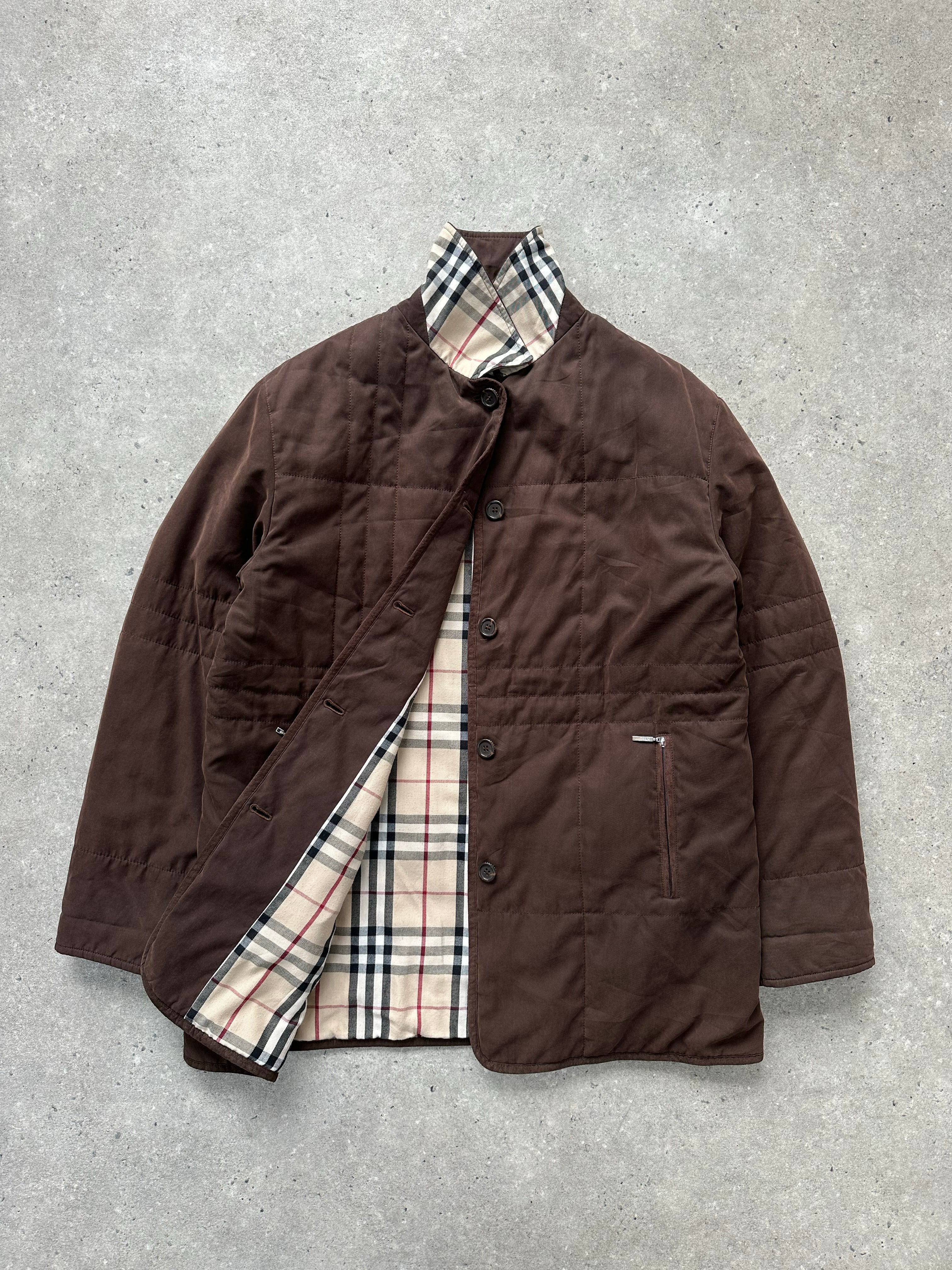 Burberry London 2000s cotton check jacket, men's size M, featuring classic beige and black plaid pattern and button-front design.